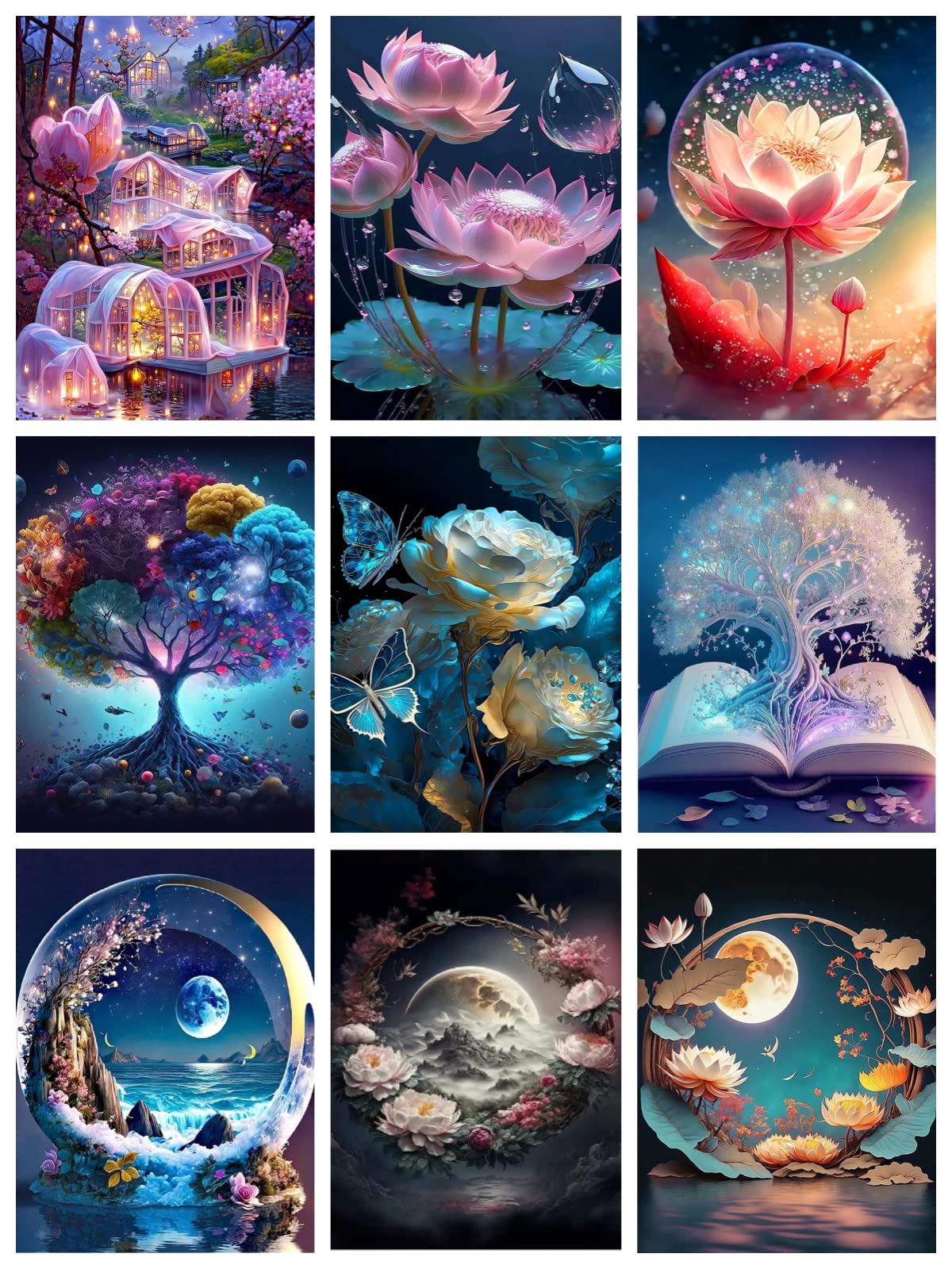 Flowers Tree Diamond Art Painting Kits for Adults - 9 Pack Round Full Drill Diamond Dots Painting for Beginner,5D Paint with Pictures Gem Art Kits DIY Arts and Crafts for Home Wall Decor(12x16 inch)