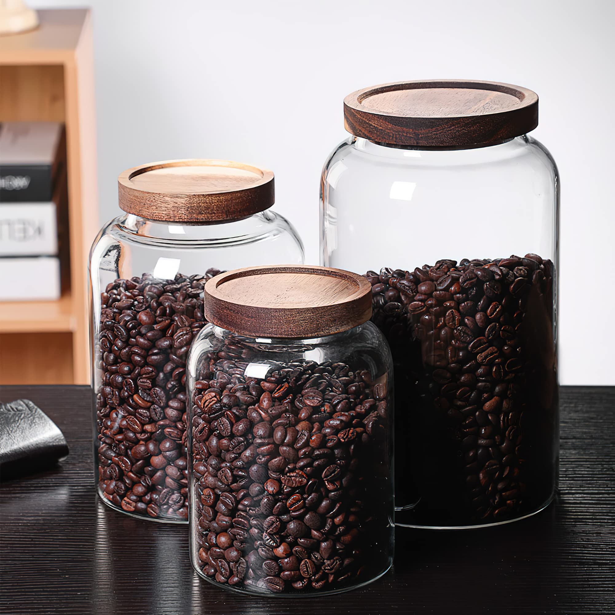 Tarro de almacenamiento de vidrio de 2000 ml con tapa de madera, apilable, cilíndrico transparente, tarro de despensa con tapa de bambú hermética para alimentos, café, harina, espaguetis,