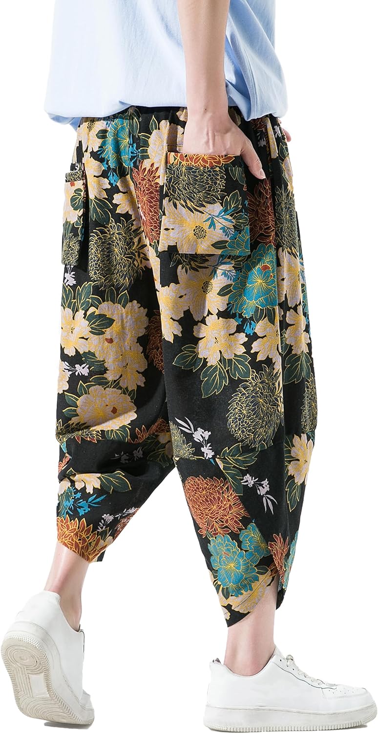 PRIJOUHE Men's Casual Wide Leg Baggy Harem Pant Lightweight Drop Crotch Summer Beach Linen Capri Pants - Image 2