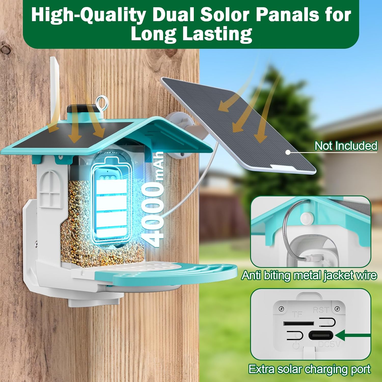 Smart Bird Feeder with Camera Solar Powered - AI Bird Identification, 2K HD Video Live Stream Camera, 3MP Photos, 2.9in Focus, Gifts for Mom Dad Birdlovers, Blue - Image 2
