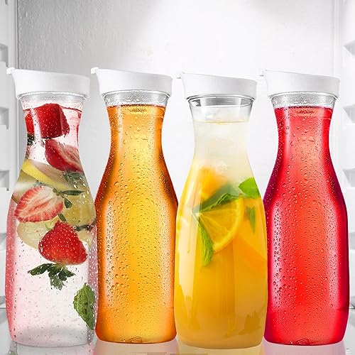 Miniatura 5 de DilaBee Jarra de plástico con tapa (paquete de 4, 32 onzas) dispensador redondo de bebidas de plástico para agua, jugo, té helado, jarras de agua,