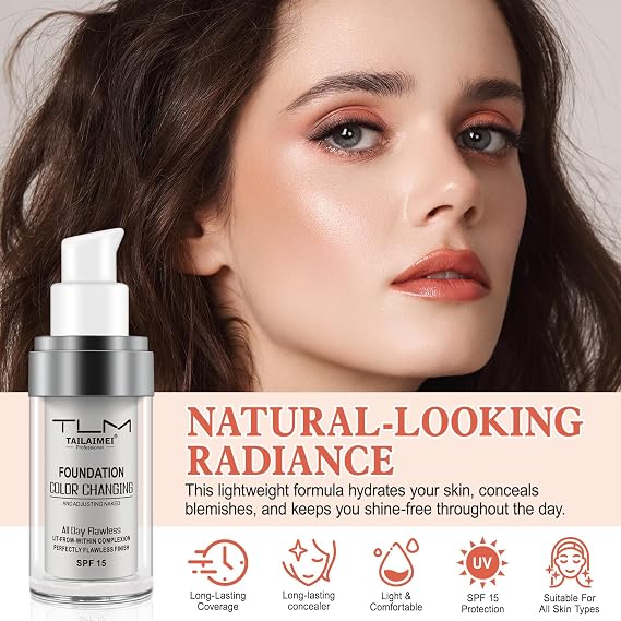 Colour Changing Foundation, 2Pack Flawless Color Changing Foundation Makeup Base Moisturizing Liquid Foundation for Women, Concealer Cover, Sunscreen, Naturally,Non-Greasy,Long Lasting