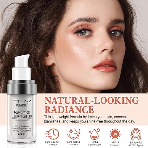 Miniatura 7 de Base de maquillaje de piel cálida que cambia de color impecable, mezcla naturalmente maquillaje de base hidratante, base líquida impermeable sin