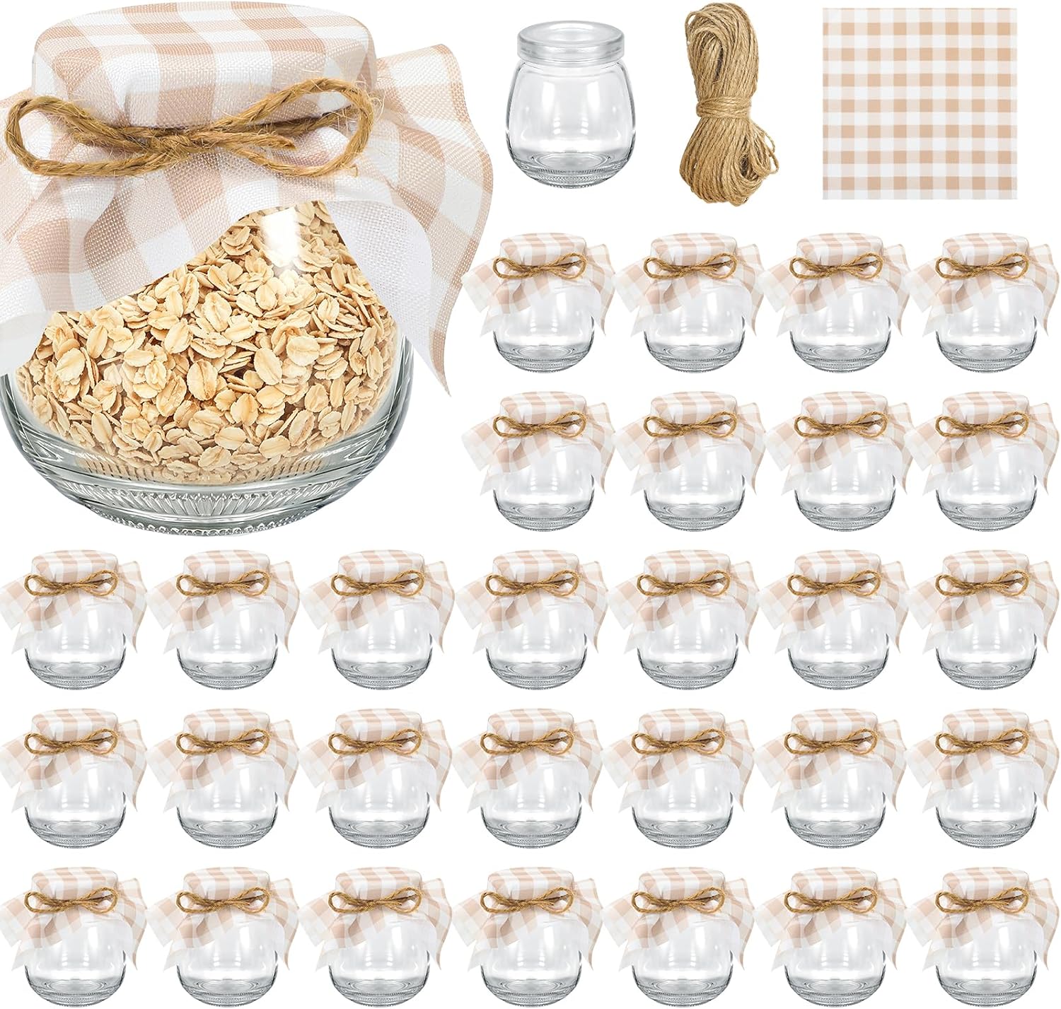 Whaline 30 Sets Mini Yogurt Jars Glass Bottles with Plastic Lids Beige Checkered Cloth Hemp Rope Small Clear Mason Jar for Cereal Jam Honey Party Favors Wedding Birthday Decor Supplies