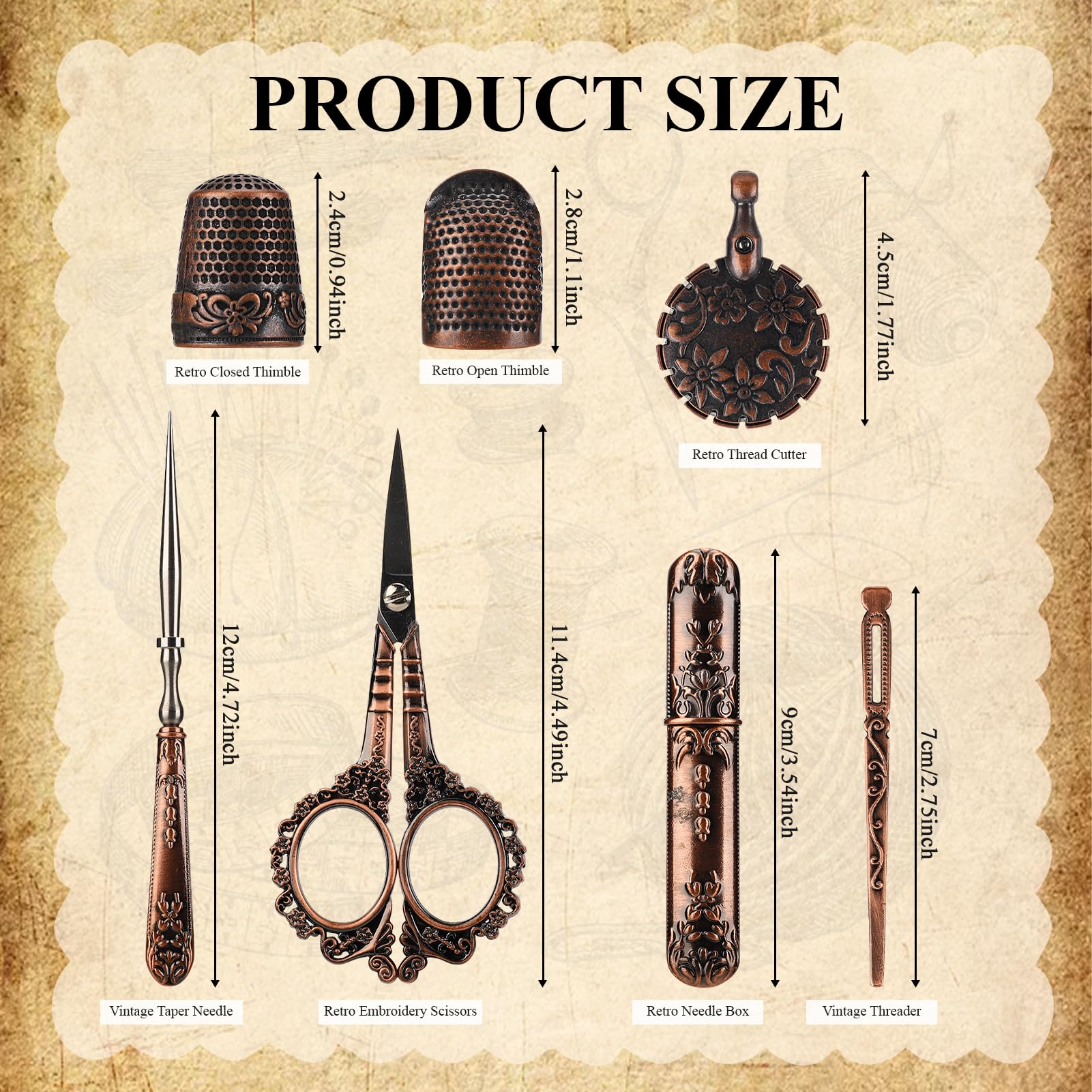 Kit di strumenti per il cucito europeo, forbici da ricamo vintage e custodia con ditale e bottiglia per ago per cucire accessori per ricamo a punto croce(Rame)