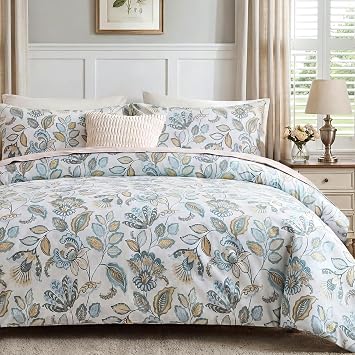 Blue Floral Comforter Set Queen Size, 100% Cotton Blue Botanical Bedding Set, 3 Pieces Soft Breathable Comforter and 2 Pillowcases, French Style Bed Set