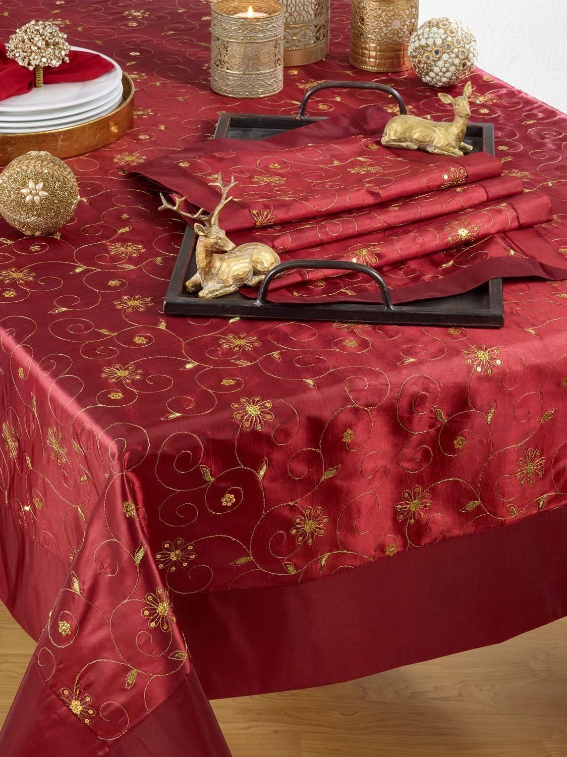 Fennco Styles Elegant Sequined & Embroidered Christmas Table Runner 16" W x 108" L - Burgundy Floral Table Cover for Home, Dining Room, Banquets, Winter Holidays, Family Gatherings and Special Events