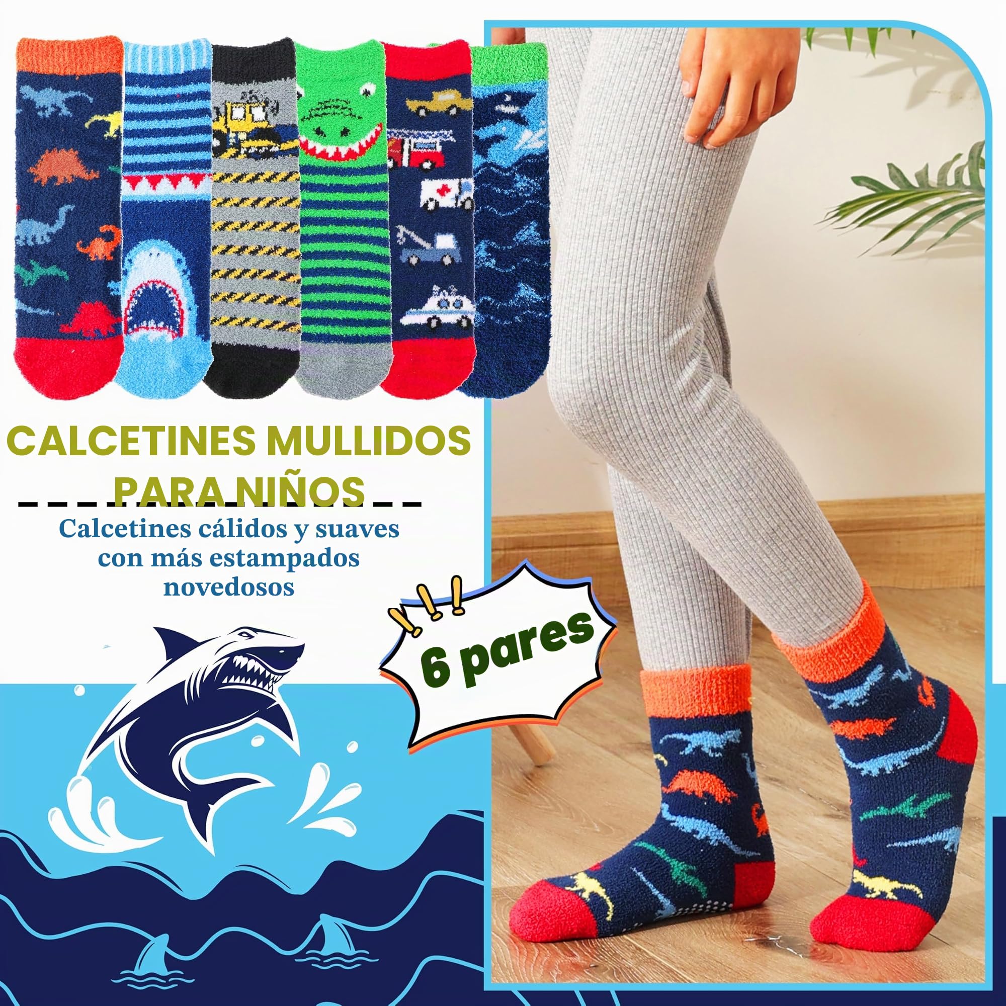 Welwoos 6 Pares Calcetines Antideslizantes Termicos Niños, Calcetines Divertidos Antideslizantes Invierno Transpirable para Niños Tallas 22-34