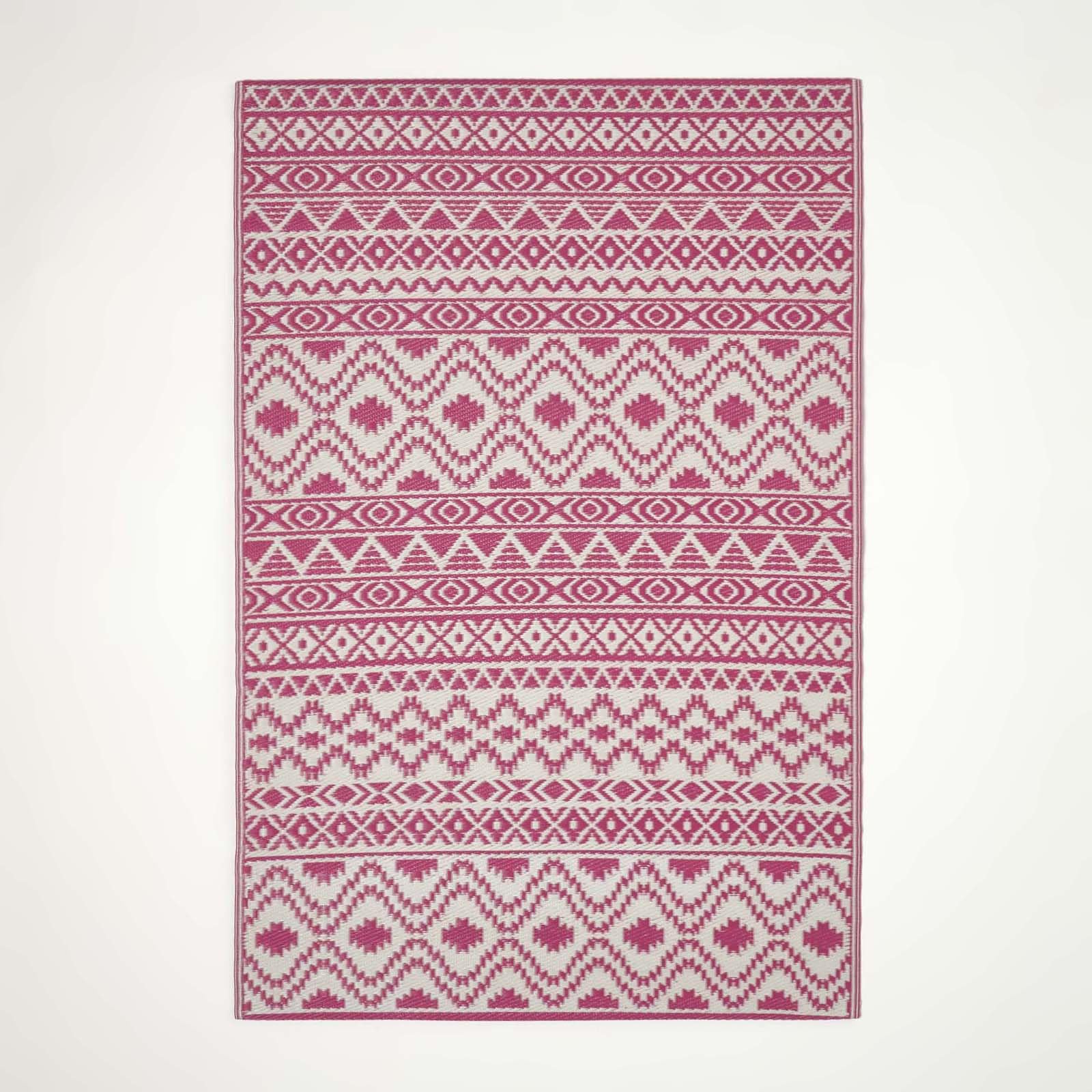 HOMESCAPES Luxury Large Outdoor Rugs for Garden Patio Waterproof 100% Recycled Plastic Mat Carpet 120 x 180cm Reversible White & Pink Geometric Rug “Tia”, Indoor/Outside & Portable, Seamless