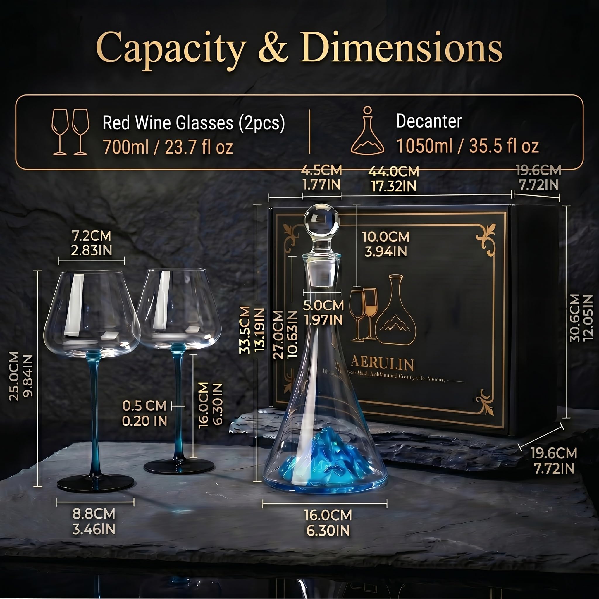 1150ml Carafe à Vin avec 2 Verres à Pied Bleu et Bouchon, Décanteur à Vin Rouge en Cristal Sans Plomb avec Montagne 3D, Coffret Cadeau Luxe pour Anniversaire et Mariage
