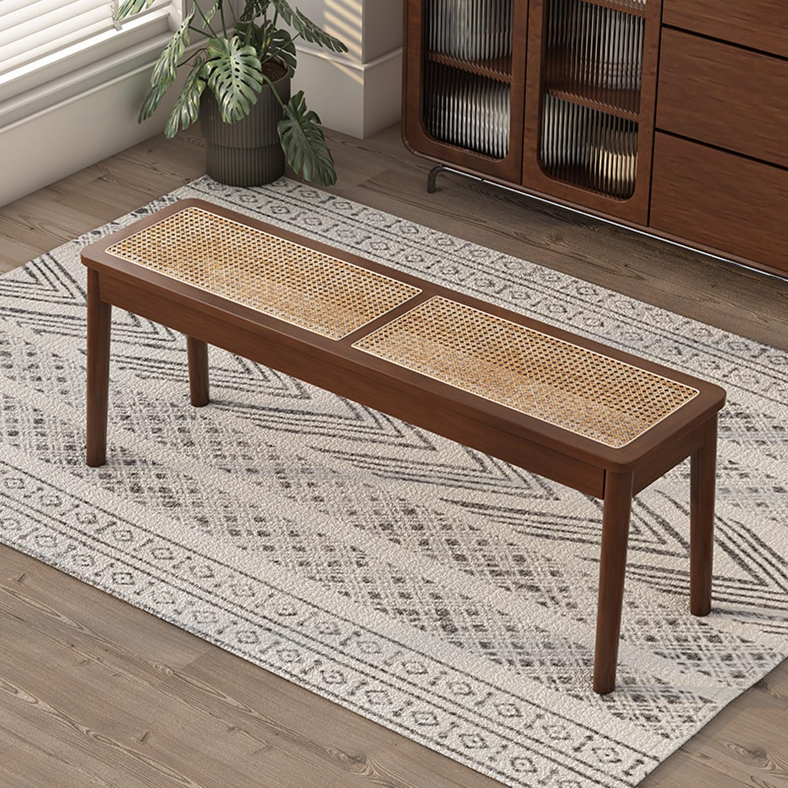 Woven Rattan Entryway Bench Farmhouse Wooden Bench Rustic Solid Wood Dining Bench 2 Persons Rectangular Bench for End of Bed Side Table for Living Room Bedroom Dining room Balcony