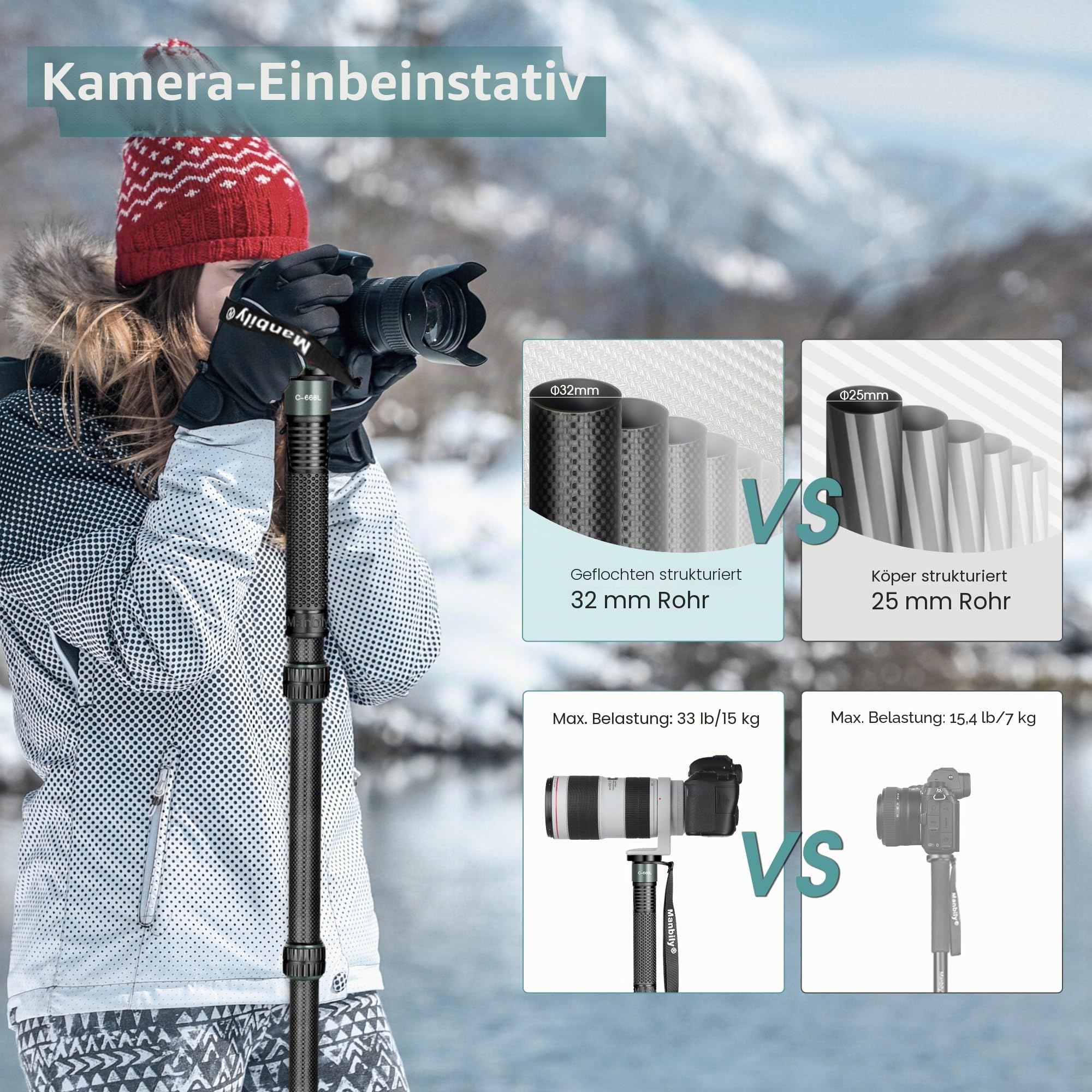 Manbily C-666L 32mm Einbeinstativ Carbon für Kameras 44cm-174cm Kohlefaser Monopod Stativ DSLR Reise-Einbeinstativ 6 Abschnitte Wanderstöcke Max. 15KG, 1/4 & 3/8 Zoll für Videokamera