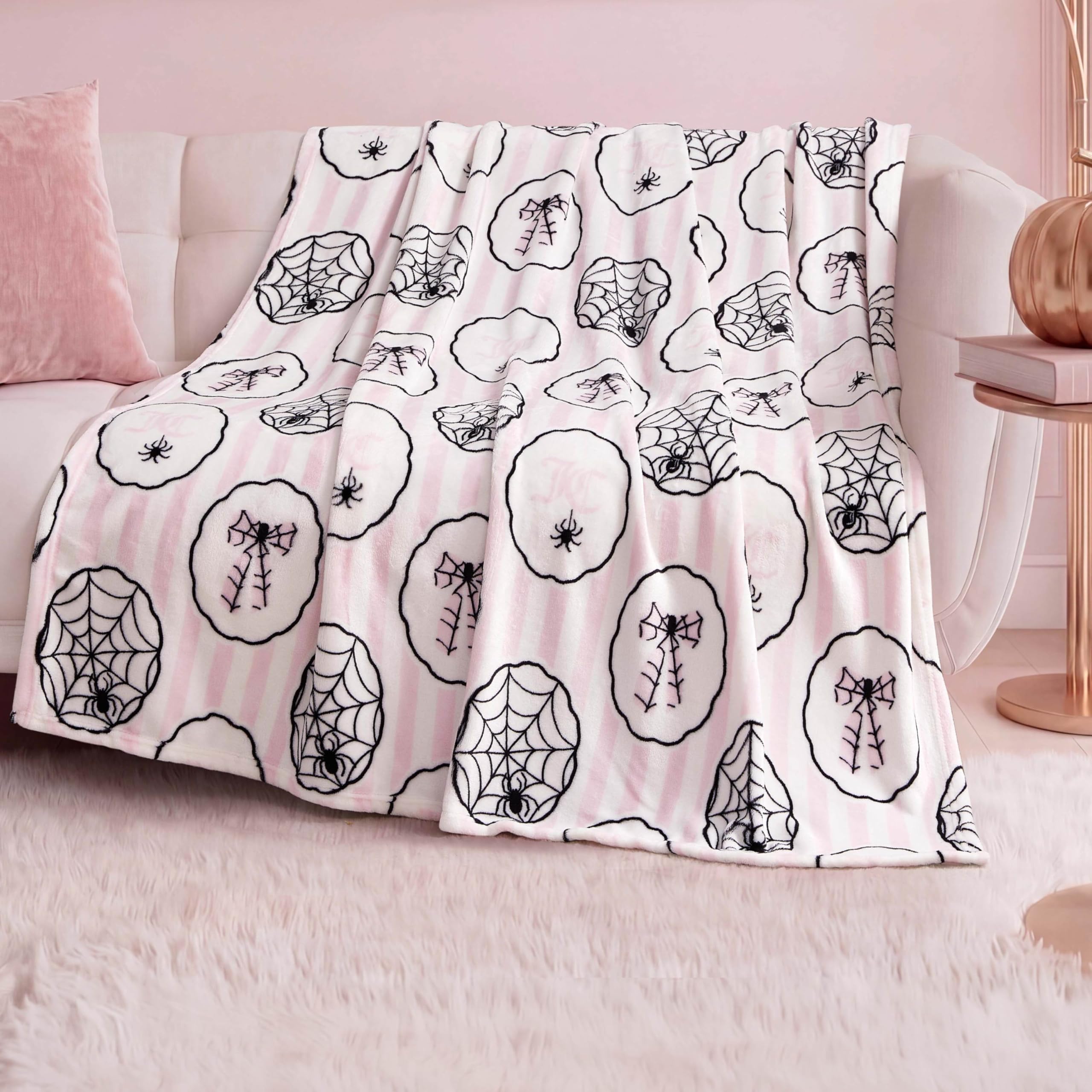 Juicy Couture Spider Stripe Halloween Plush Throw Blanket, Light Pink, 50"x60"