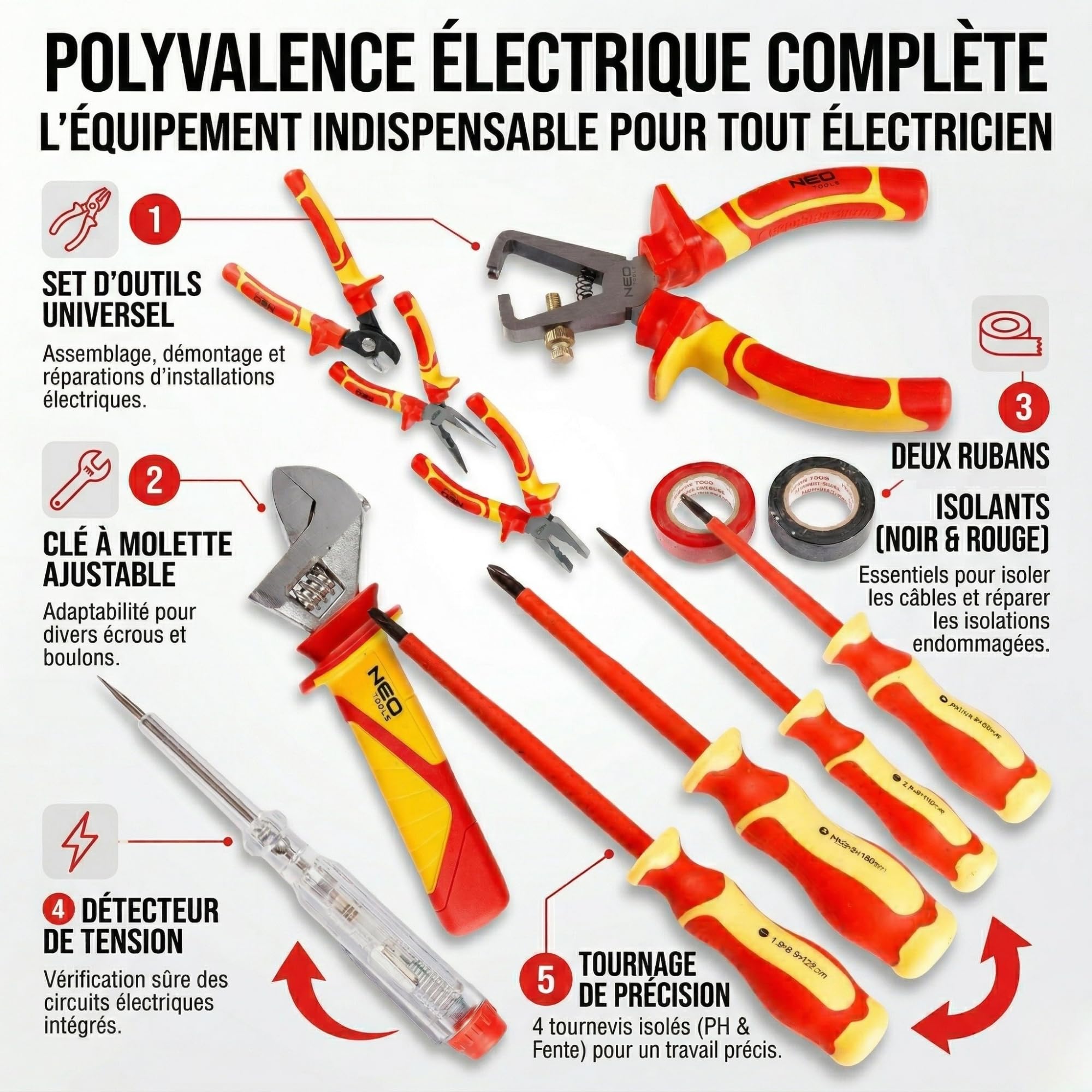 NEO TOOLS Kit d'outils d'électricien : 13 pièces, outils isolés CrV/S2, testeur de tension, 2 rubans isolants, coffret, pour montage, réparation et installations