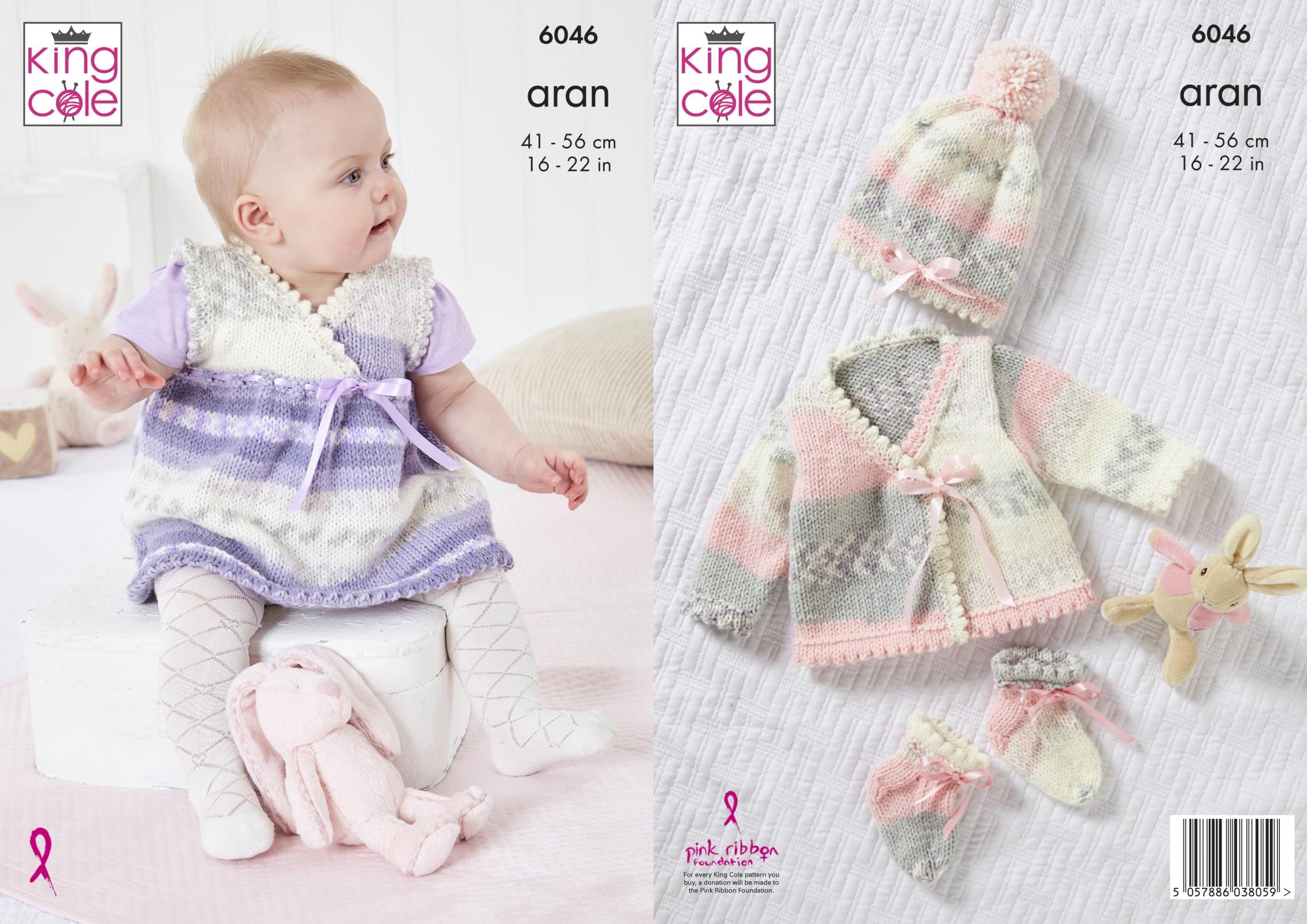 King Cole Baby Aran Knitting Pattern Pinafore Dress Cardigan Hat & Slipper Socks (6046), 16'' - 22''
