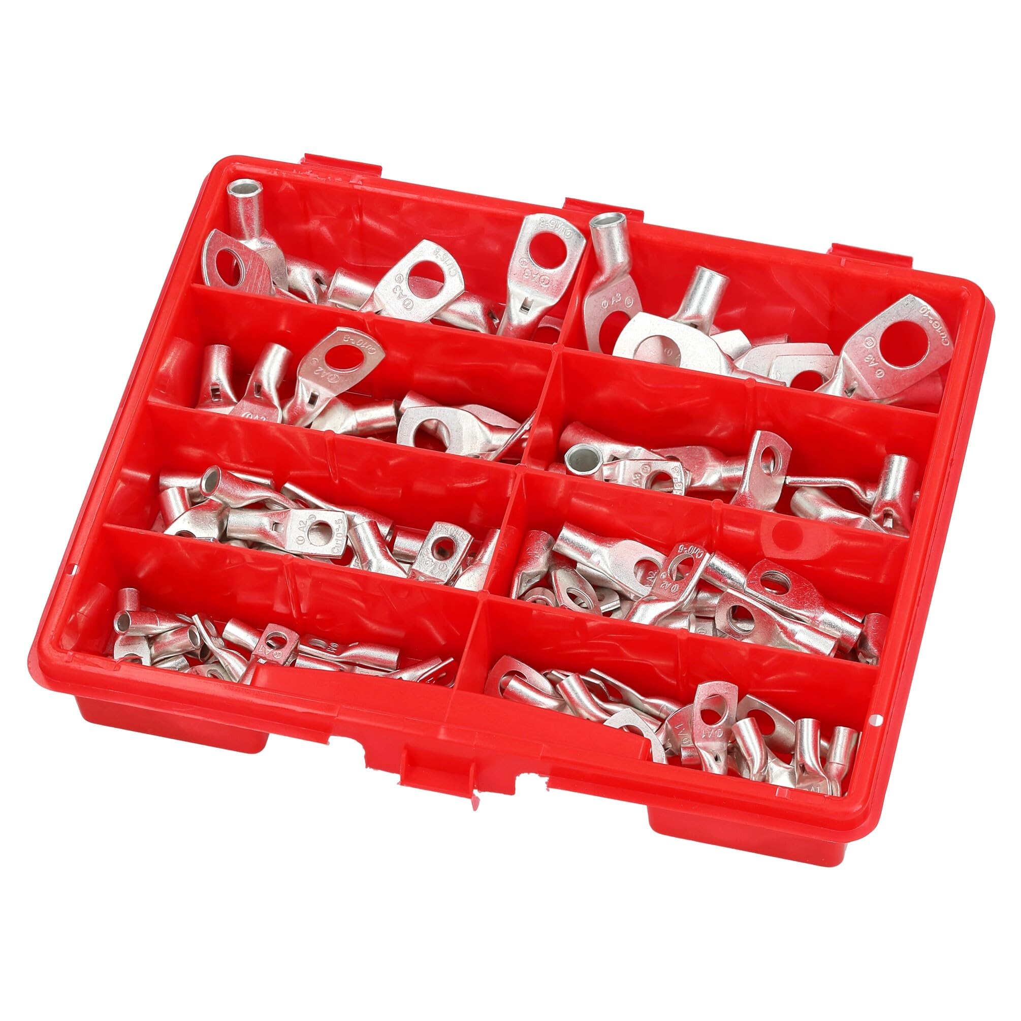 Kalitec 120x Rohrkabelschuhe Sortiment 4-16mm² - Quetschverbinder Set | Verzinnte Kupferkabelschuhe geglüht für hohe Dehnbarkeit, inkl. M4, M5, M6, M8, M10 Ringösen für Elektriker & Techniker
