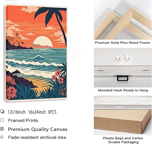 Miniatura 6 de 3 piezas de arte de pared de viaje hawaiano, retro, exótico, tropical, pósteres de lona tropical, impresiones de océano, playa, paisaje, imágenes