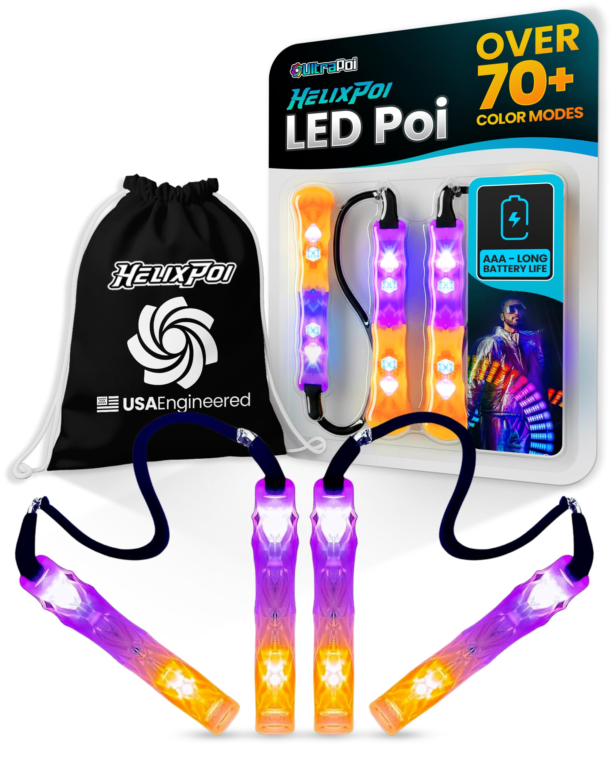 UltraPoi HelixPoi Set w/LED Glowstick Handles - 70+ Color Modes - LED Poi Glow Stick Lights w/Soft Durable Cases & Adjustable Leashes - Ideal Flow Arts for Music, Festivals, Parties & Raves