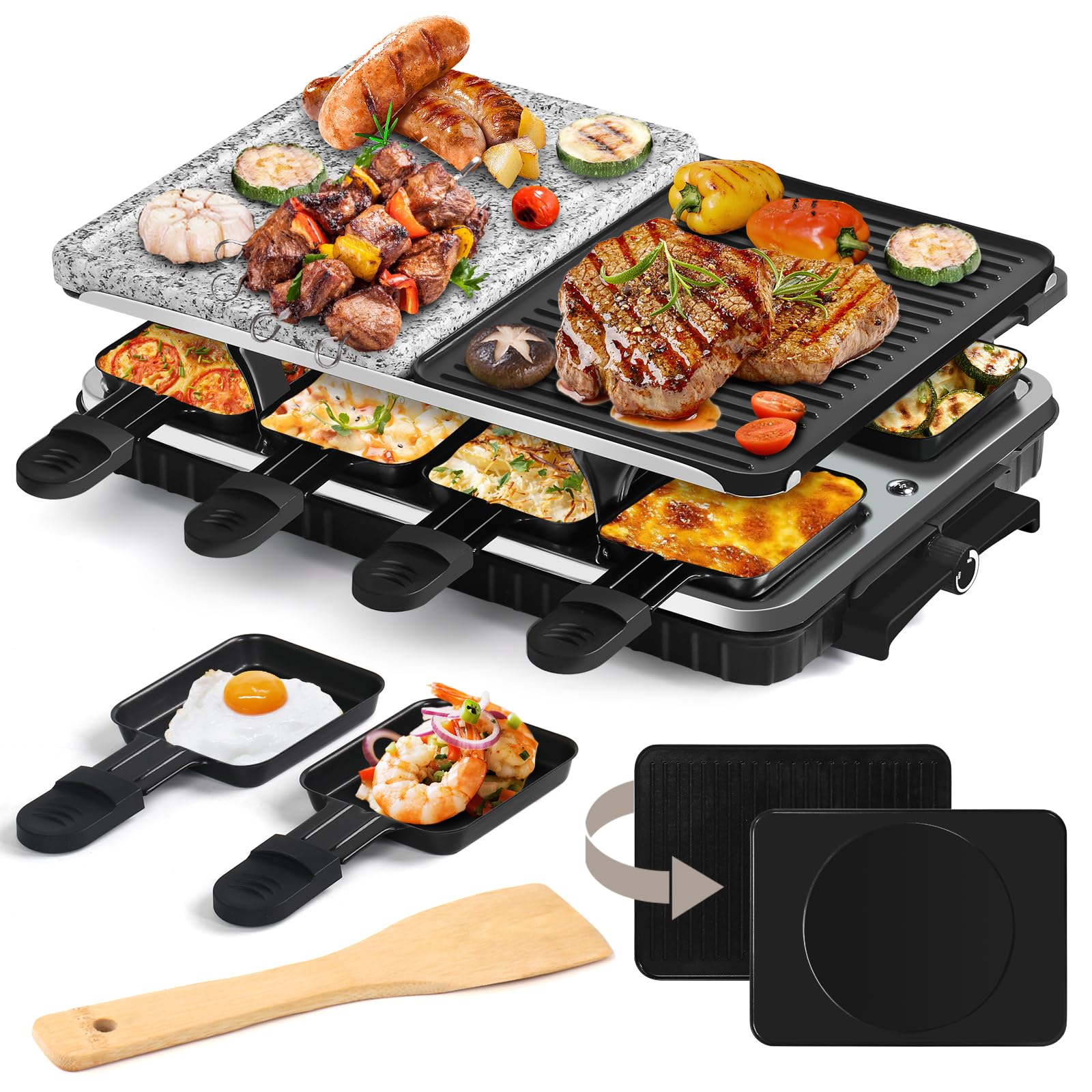 HengBO Raclette 8 Personas - Raclette Grill Electrico con Piedra para Asar Carne, Plancha Antiadherente Reversible y 8 Sartenes, Parrilla Electrica Barbacoa Sin Humo para 6 8 10 Personas, 1300 W