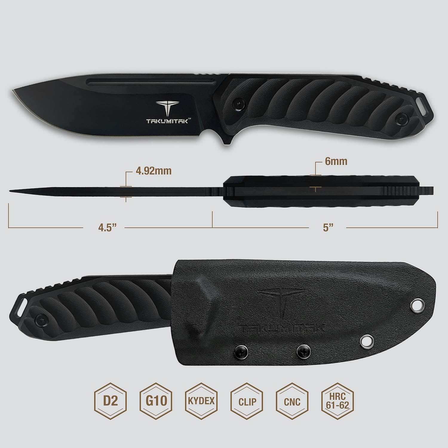 TAKUMITAK Hunting Knife Survival Knife D2 Fixed Blade Knives G10 Handle Kydex Sheath Molle Clip Camping Survival Tactical Hunting Gear EDC Knife 82583 (Black TKF208BK)