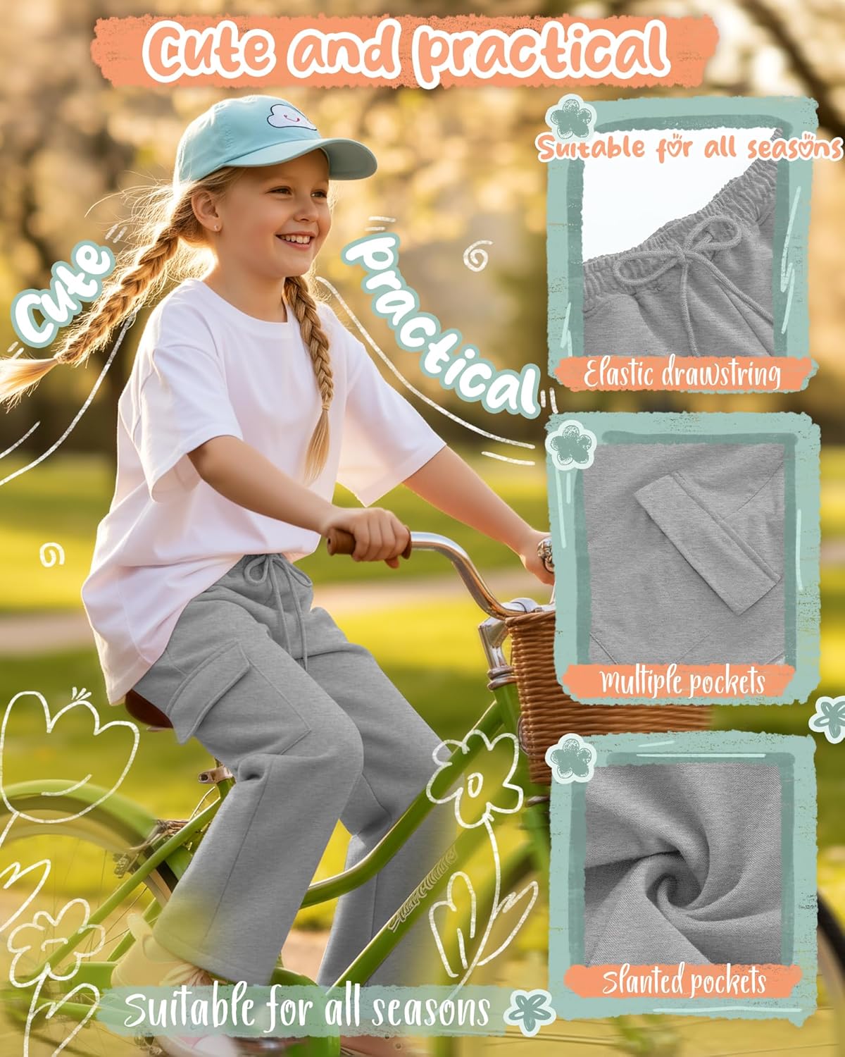 3 Pack Girls' Cargo Sweatpants Kids Wide Leg Pants Loose Baggy Elastic Drawstring Joggers with 4 Pockets 5-14 Years