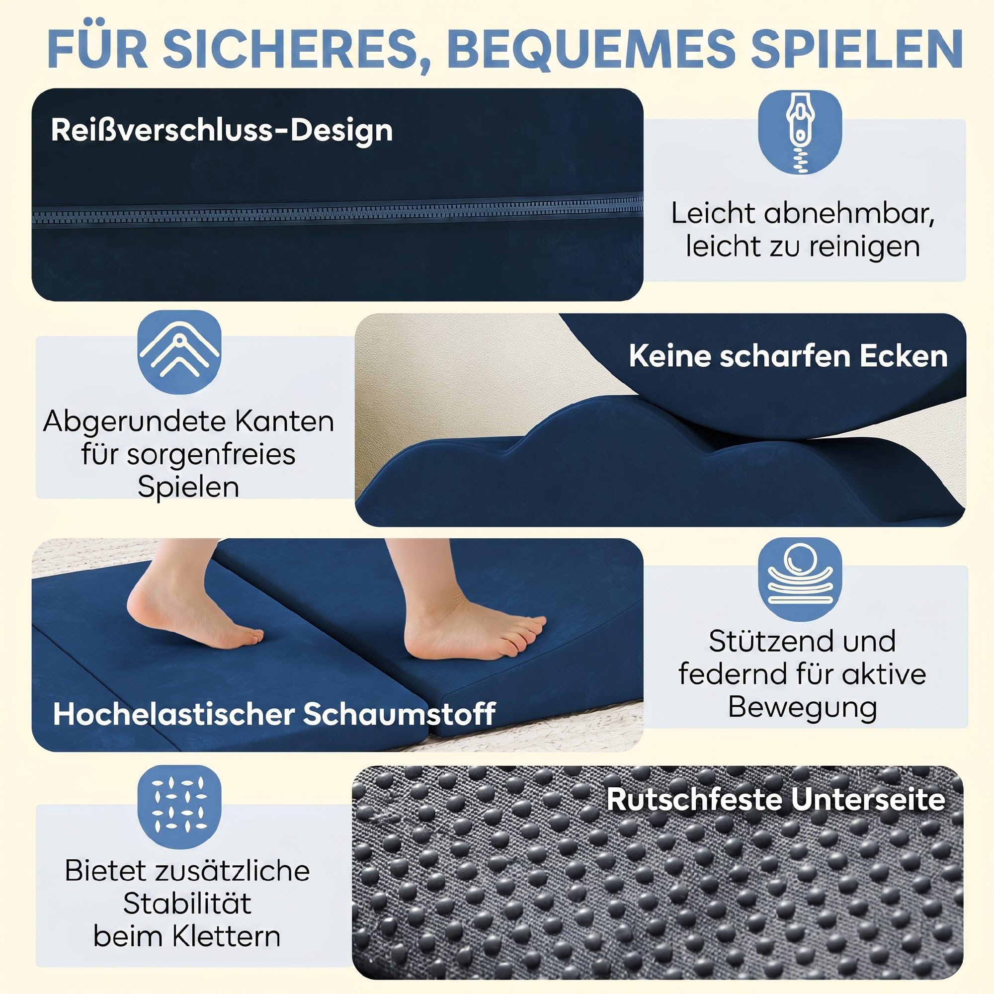 AIYAPLAY Schaumstoff Bausteine für Kinder 7 Teilig rutschfest Dunkelblau | Softbausteine, XXL Kletterblöcke, Montessori Spielzeug, Kletterspielzeug, Waschbare Hülle, Für Zuhause