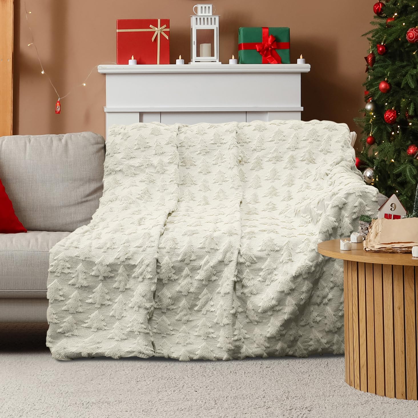 White Beige Christmas Blankets and Throws 50" x 60", Xmas Tree Soft Fuzzy Cozy Blanket for Couch Sofa Bed, Holiday Throw Blanket for Christmas Winter Home Decorations Ideal Gift Option