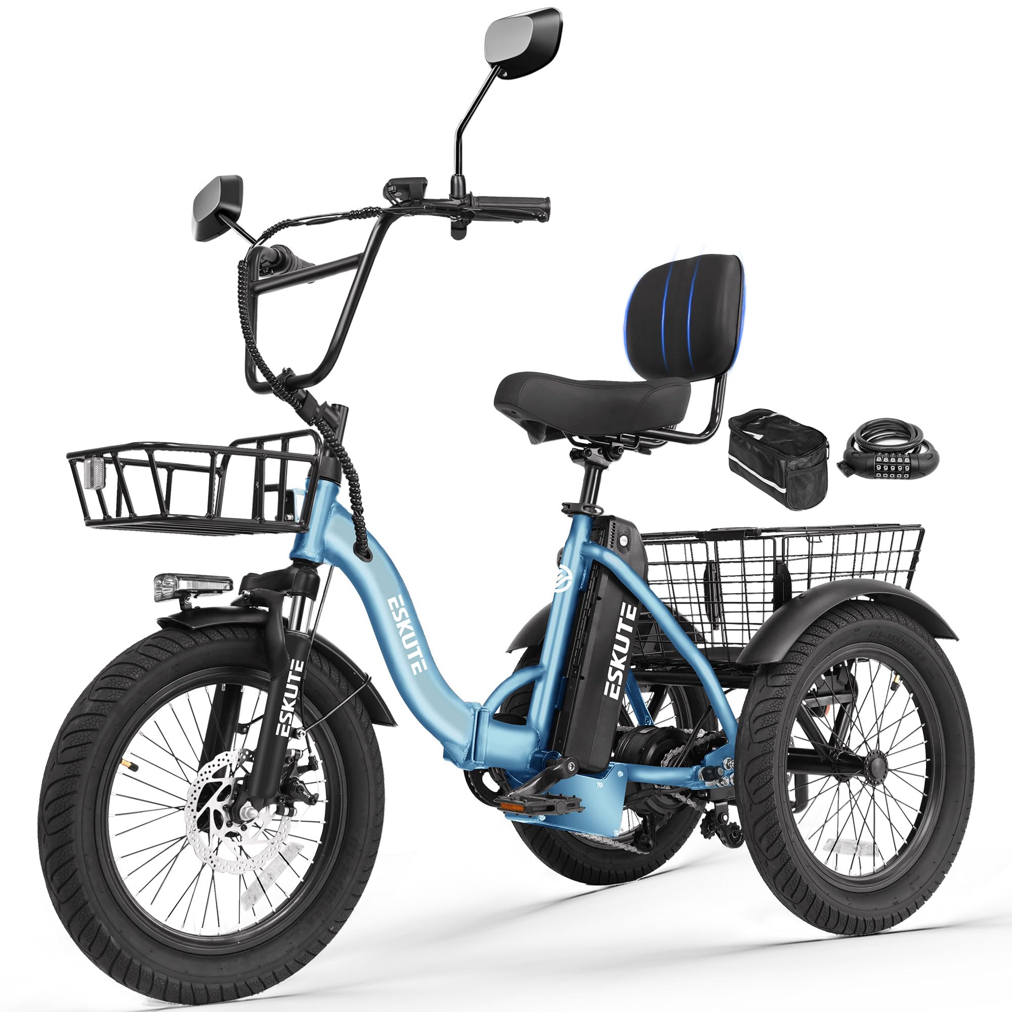 ESKUTE E Trike Electric Bike, Peak 1200W Brushless Motor Folding Trike 18X3.0 Fat Tire Ebike, 624Wh Battery, Step-Thru 3 Wheel Electric Bicycle, 65 Miles, 18MPH+ Tricycle for Adults Blue with Acc