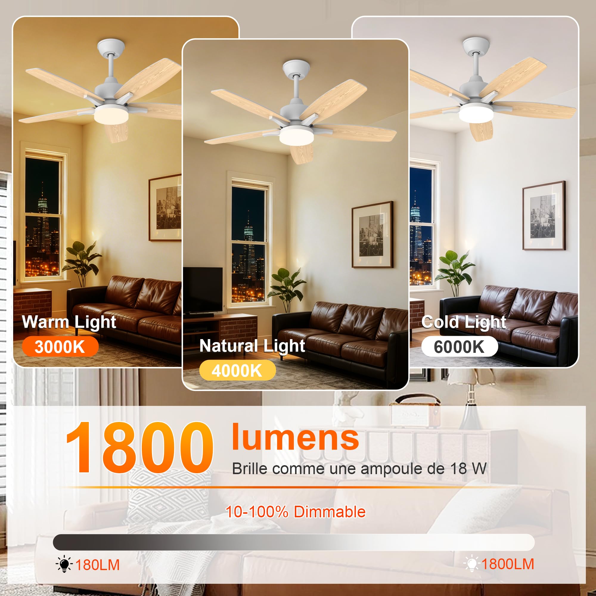 Ventilateur de Plafond avec Lumière et Telecommande, 106cm LED Lampe Ventilateur Plafond Dimmable Lampe Intégrée, 6 Vitesses, Silencieux Pales Effet Bois