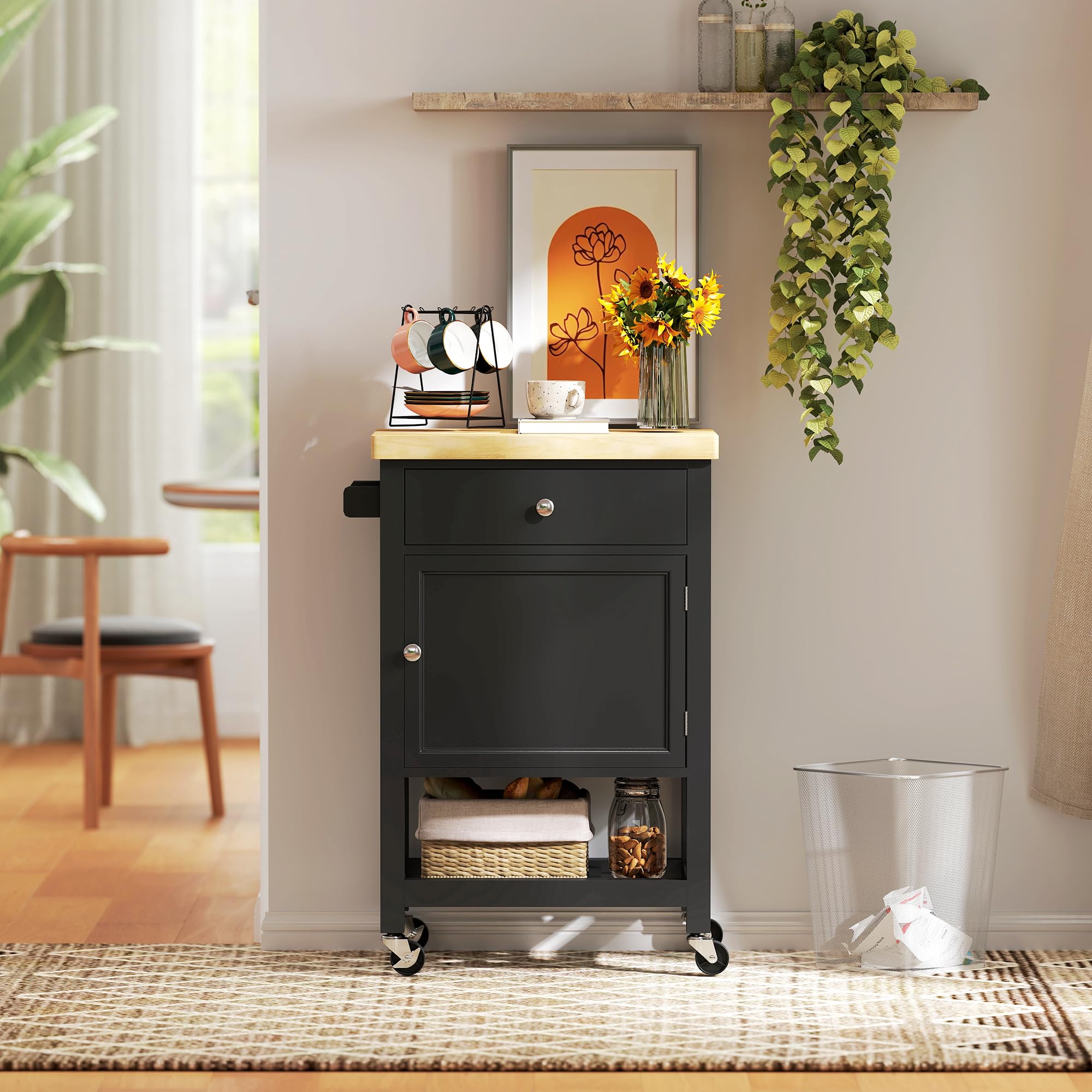 HOMCOM Carro de cocina con ruedas, carro para servir, encimera de madera de caucho, cajón, armario y toallero, carro de cocina y comedor, 63,5 x 40 x 90 cm, negro