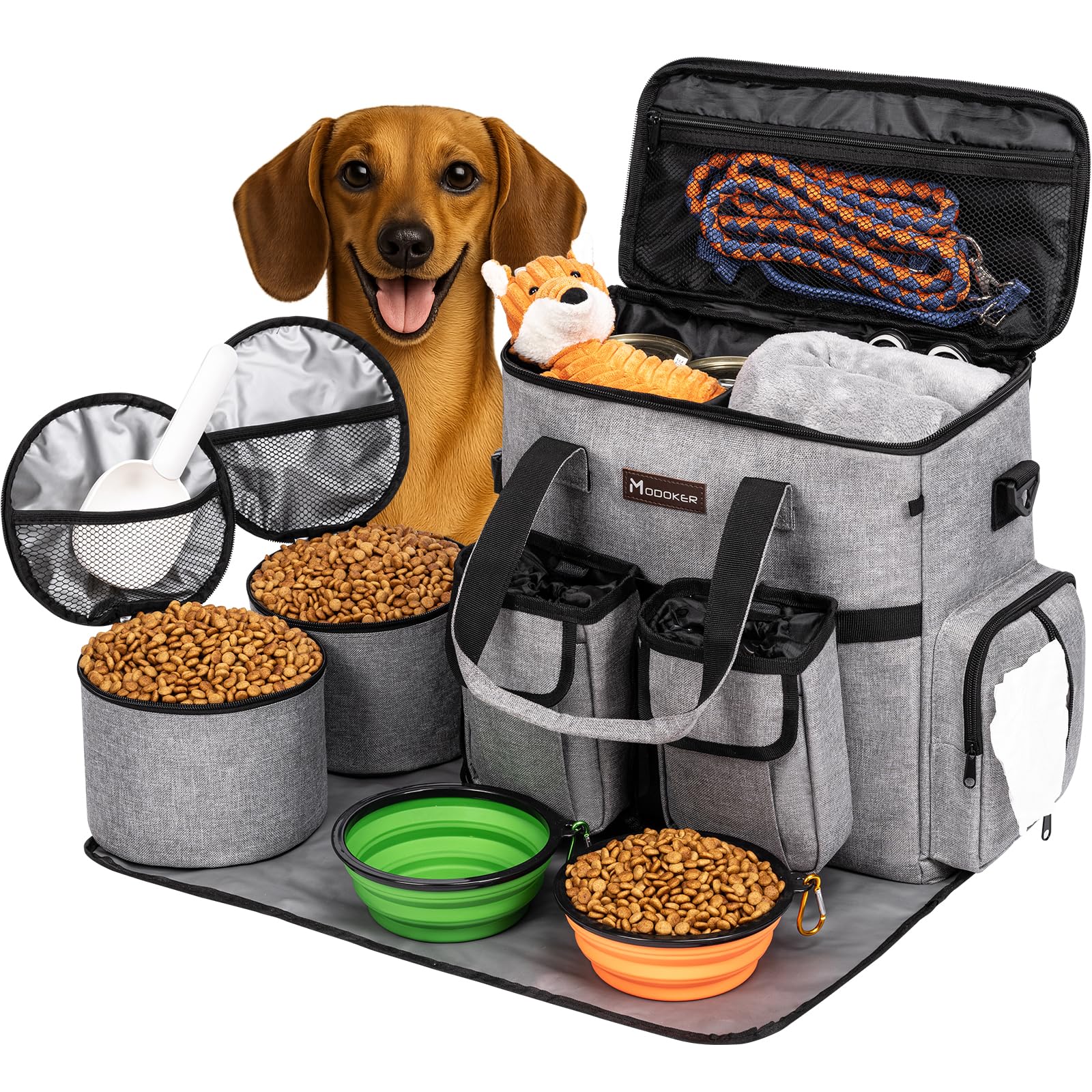 Airline Approved Dog Travel Bag with 2 Dog Treat Training Pouches, Tote Organizer for Weekend Pet Travel Supplies & Accessories, 2 Collapsible Bowls,