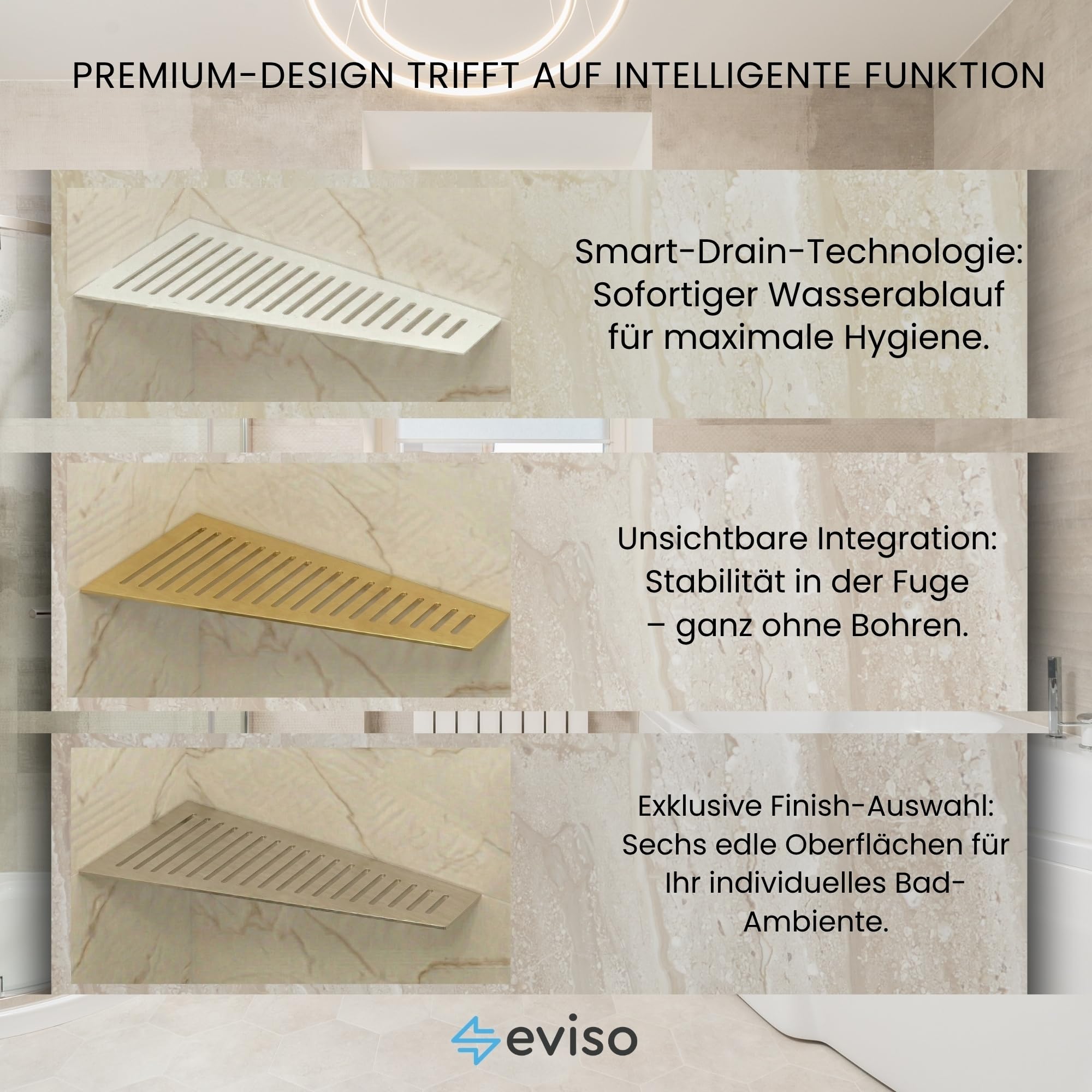 Eviso Estantería de Ducha Rinconera de Acero Inoxidable AISI 304, Estante Esquinero Trapezoidal de Diseño para Baño sin Taladro, Montaje en Junta Resistente a la Corrosión y Humedad, Blanco Mate