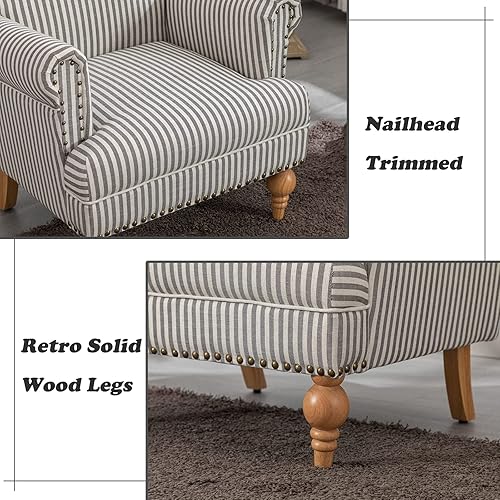 Miniatura 7 de Janoray Silla decorativa de lino de mediados de siglo moderna para sala de estar con ribete de cabeza de clavo y patas de madera, cómoda silla