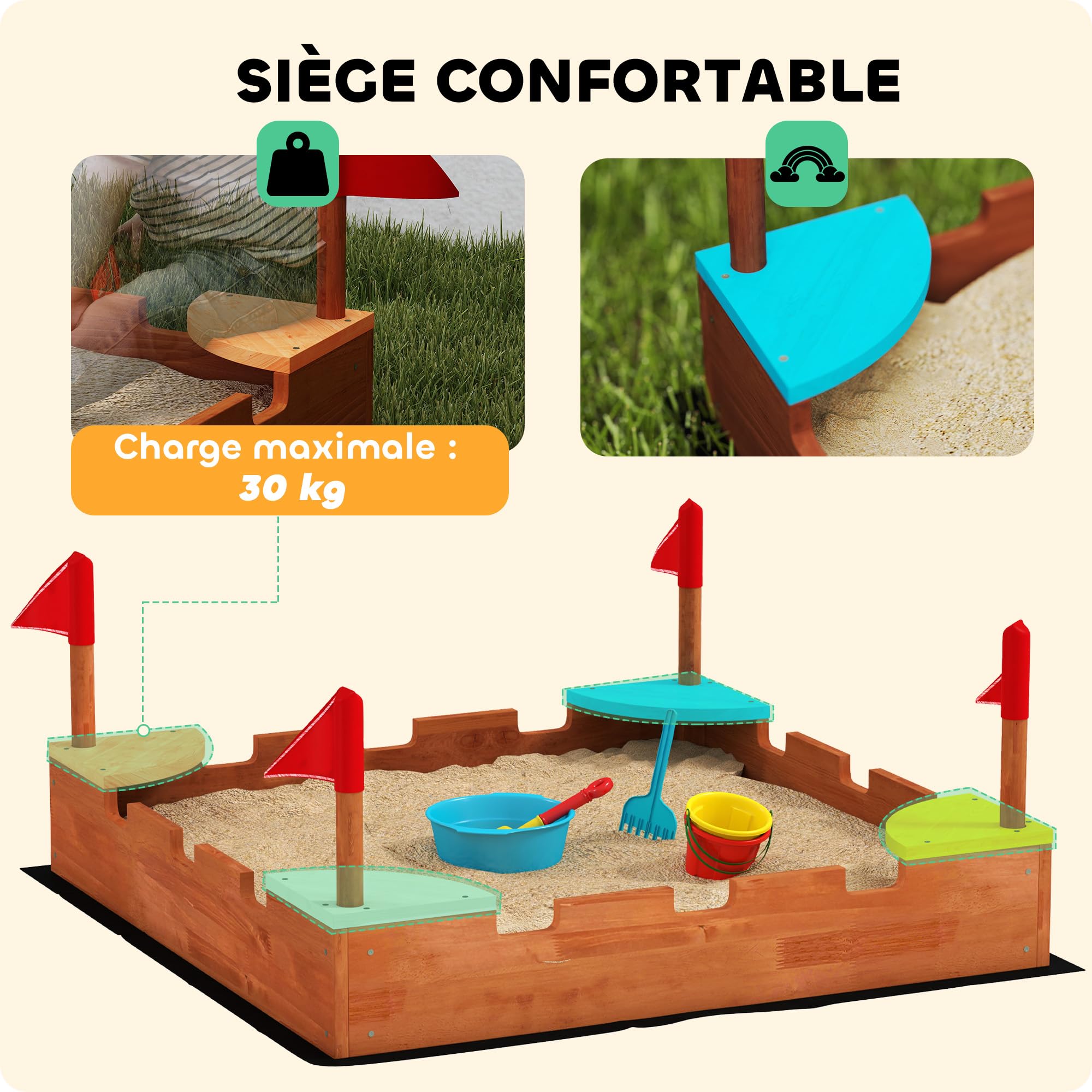 AIYAPLAY Bac à Sable en Bois avec sièges 90 x 90 x 17 cm, Marron | Pour enfants 3-7 ans, drapeaux, thème de la muraille