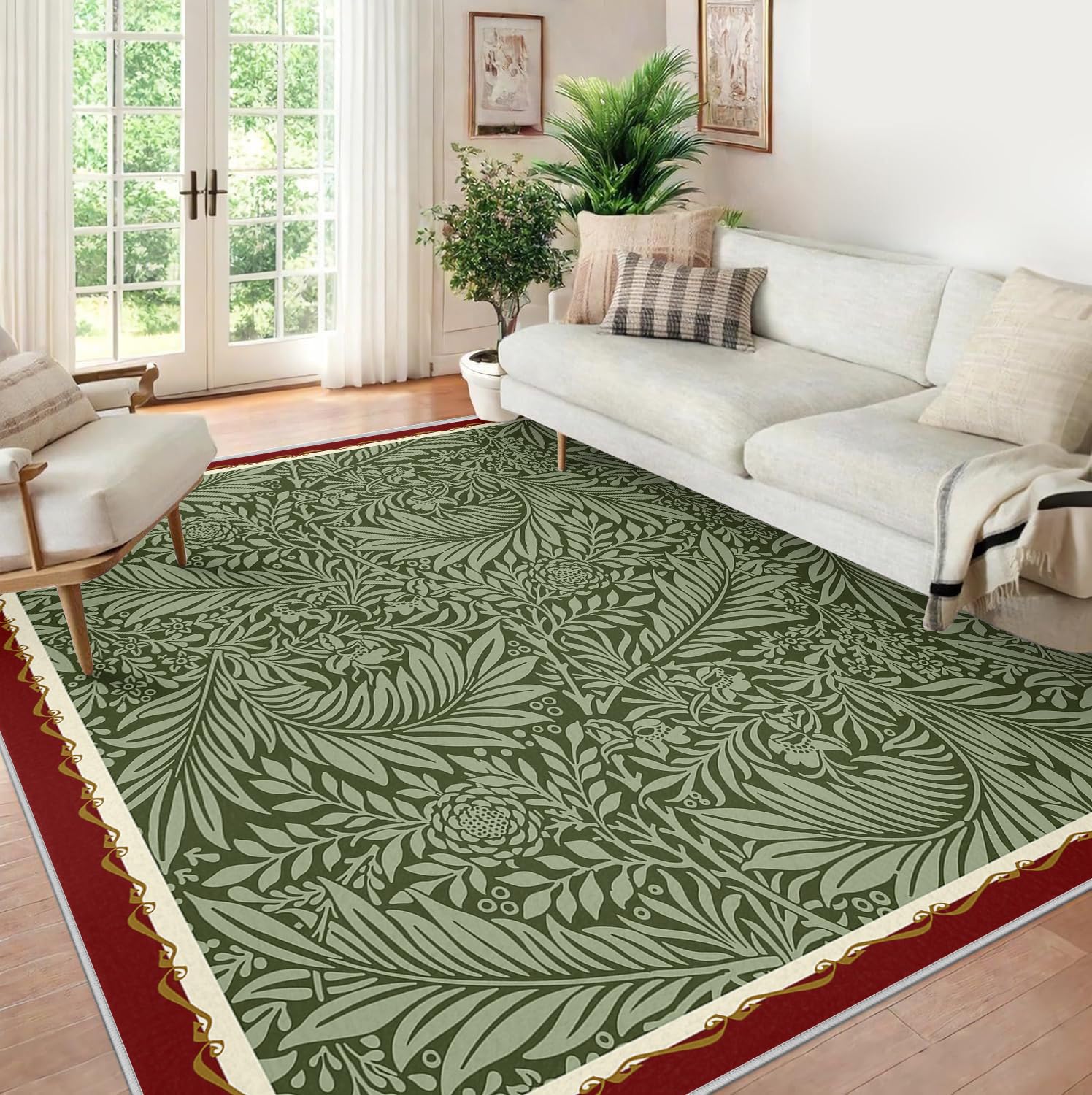 Dywaniki o wymiarach 120 x 160 cm, zmywalny, antypoślizgowy dywan, vintage, botaniczny liść, kwiaty, niskie runo, dywan do wnętrz, do salonu, jadalni, tradycyjny, oliwkowozielone liście