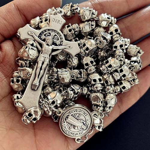 Miniatura 2 de Elegantmedical - Rosario católico de San Benito con cruz de cráneo de plata y cruz católica