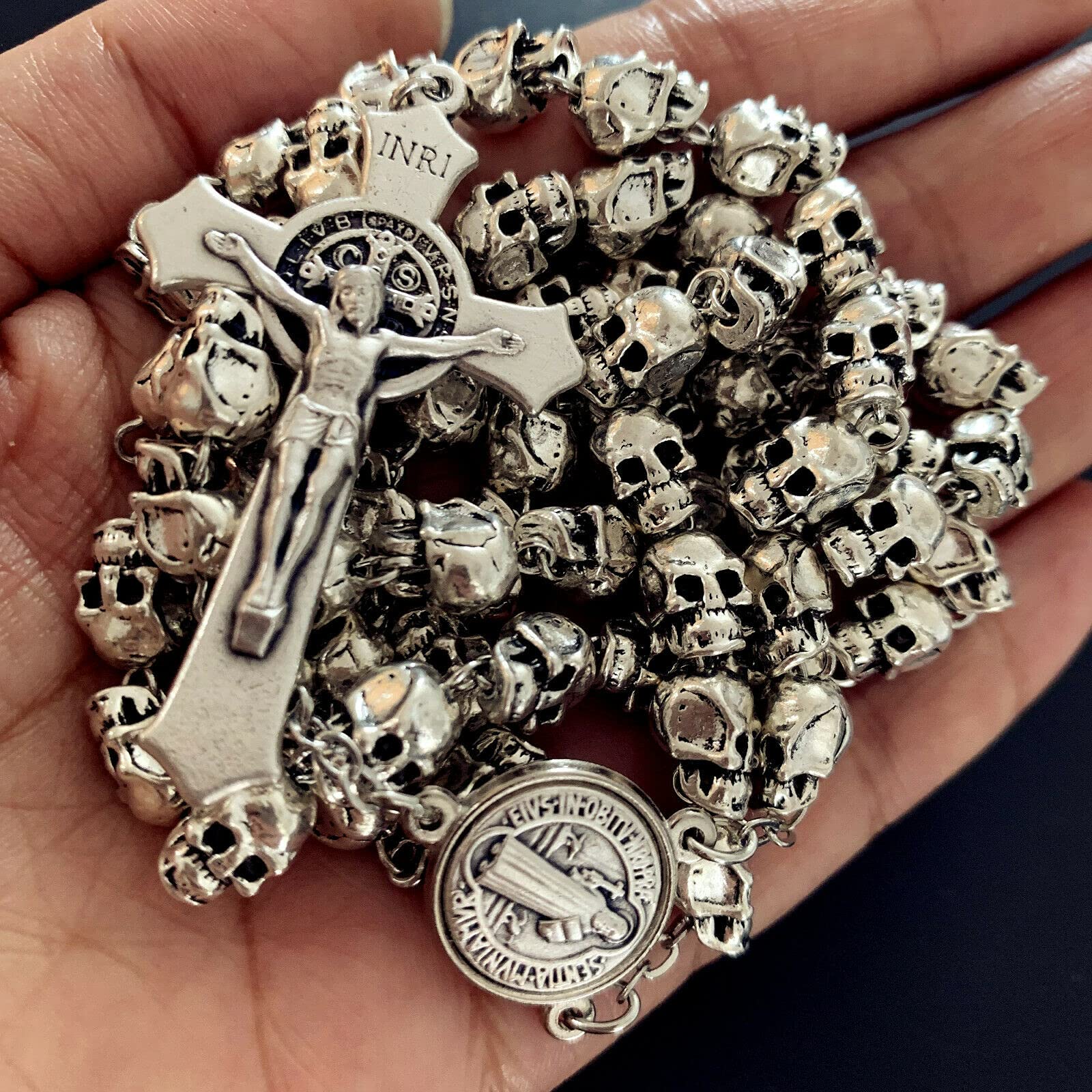 elegantmedical Handmade Catholic Saint St.Benedict Rosary Crucifix Cross Silver skull beads Catholic necklace Gift Box