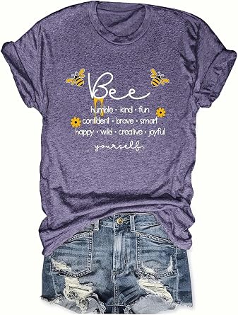 Women Cute Bee Graphic Tee Shirts Short Sleeve Inspirational Funny Letter Print Summer Loose Tee Tops