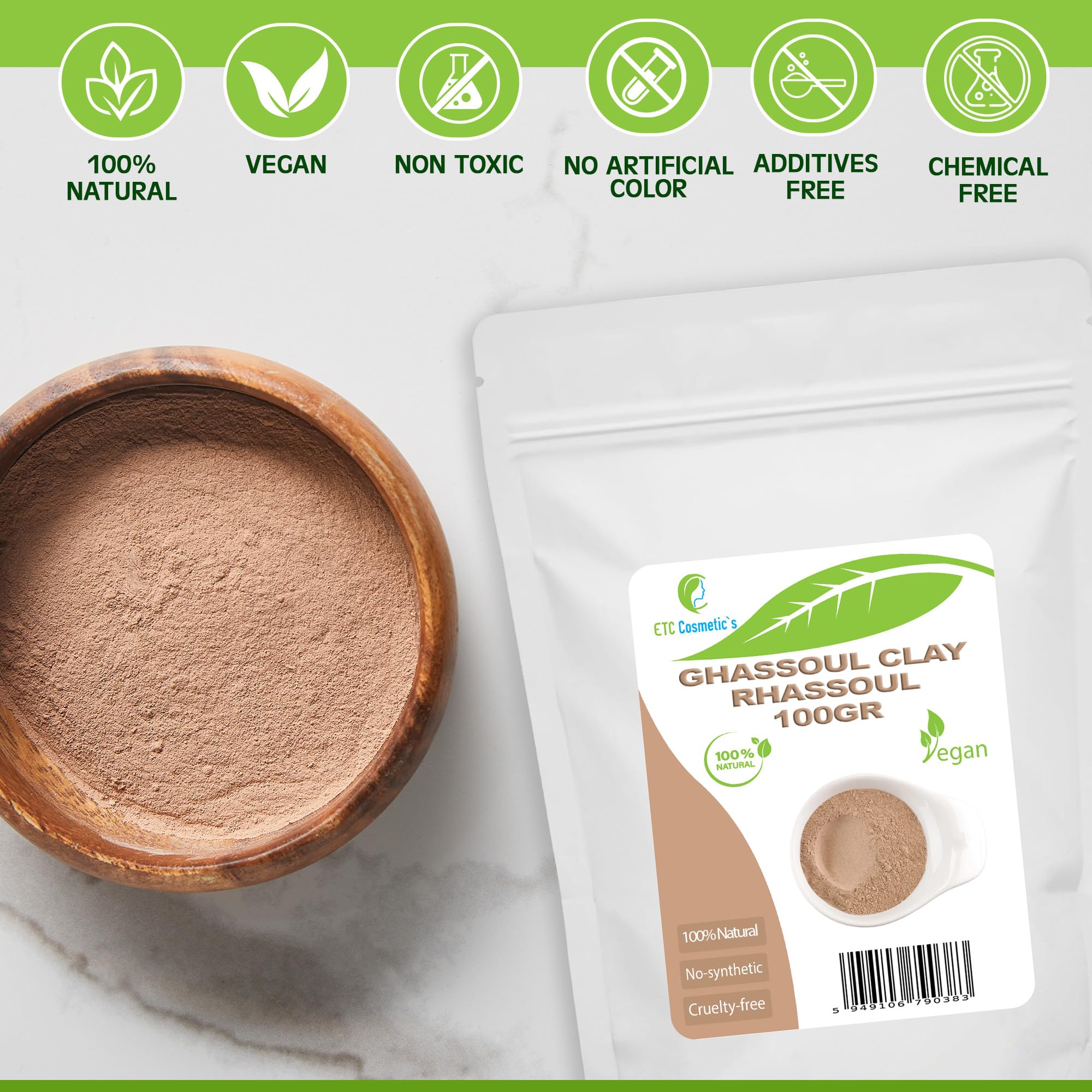 Ghassoul (argile Rhassoul) - 100 gr - Masques visage DIY, masque corporel, masque capillaire, peelings et gommages doux, fabrication de savons, anti-âge et raffermissement de la peau