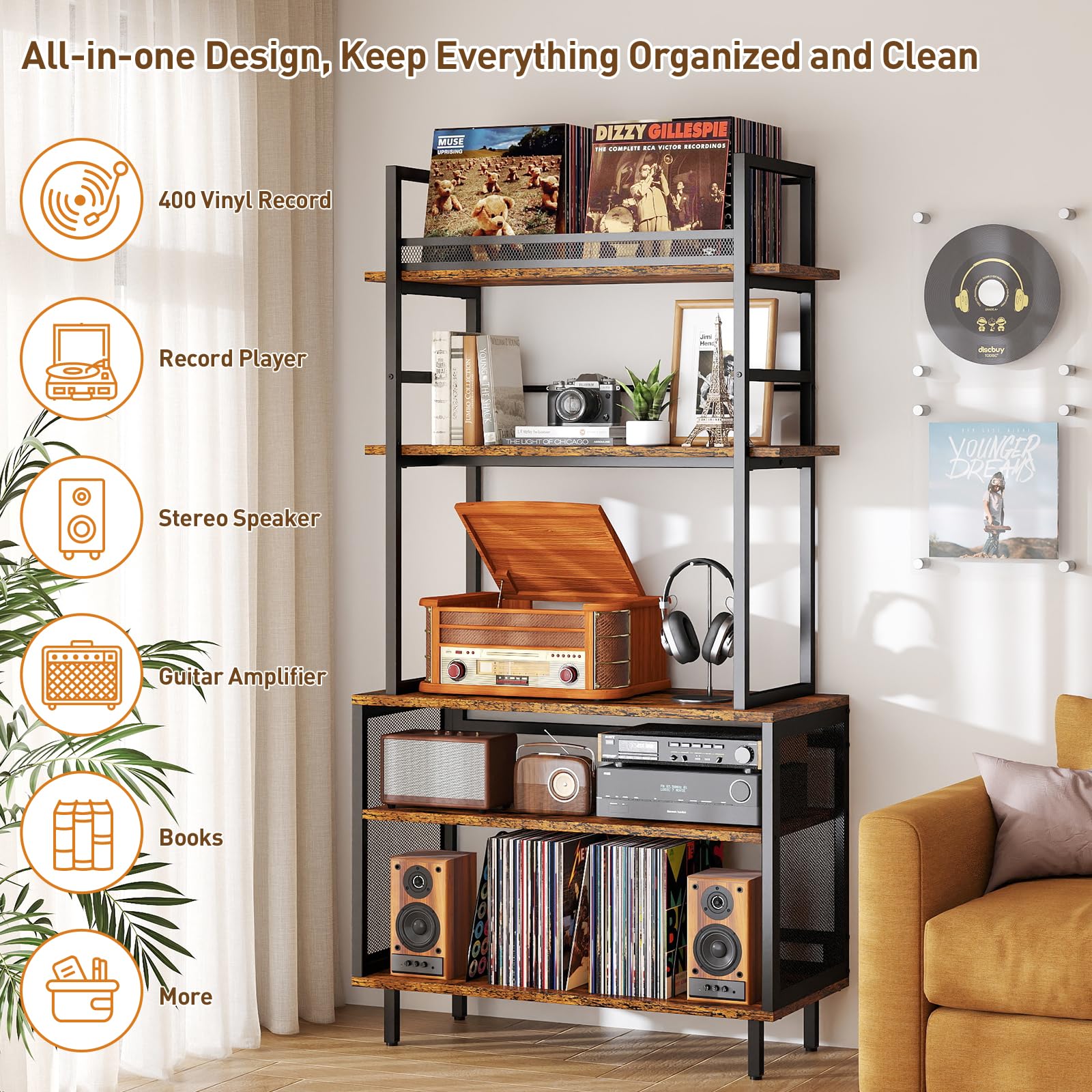 5 Etagen Plattenspieler-Ständer, Vintage Beistelltisch Plattenspieler Regal mit Schallplattenaufbewahrung Groß Vinyl Schallplattenständer Vinyl Holder Fasst 400+ Alben für Wohnzimmer Schlafzimmer Büro