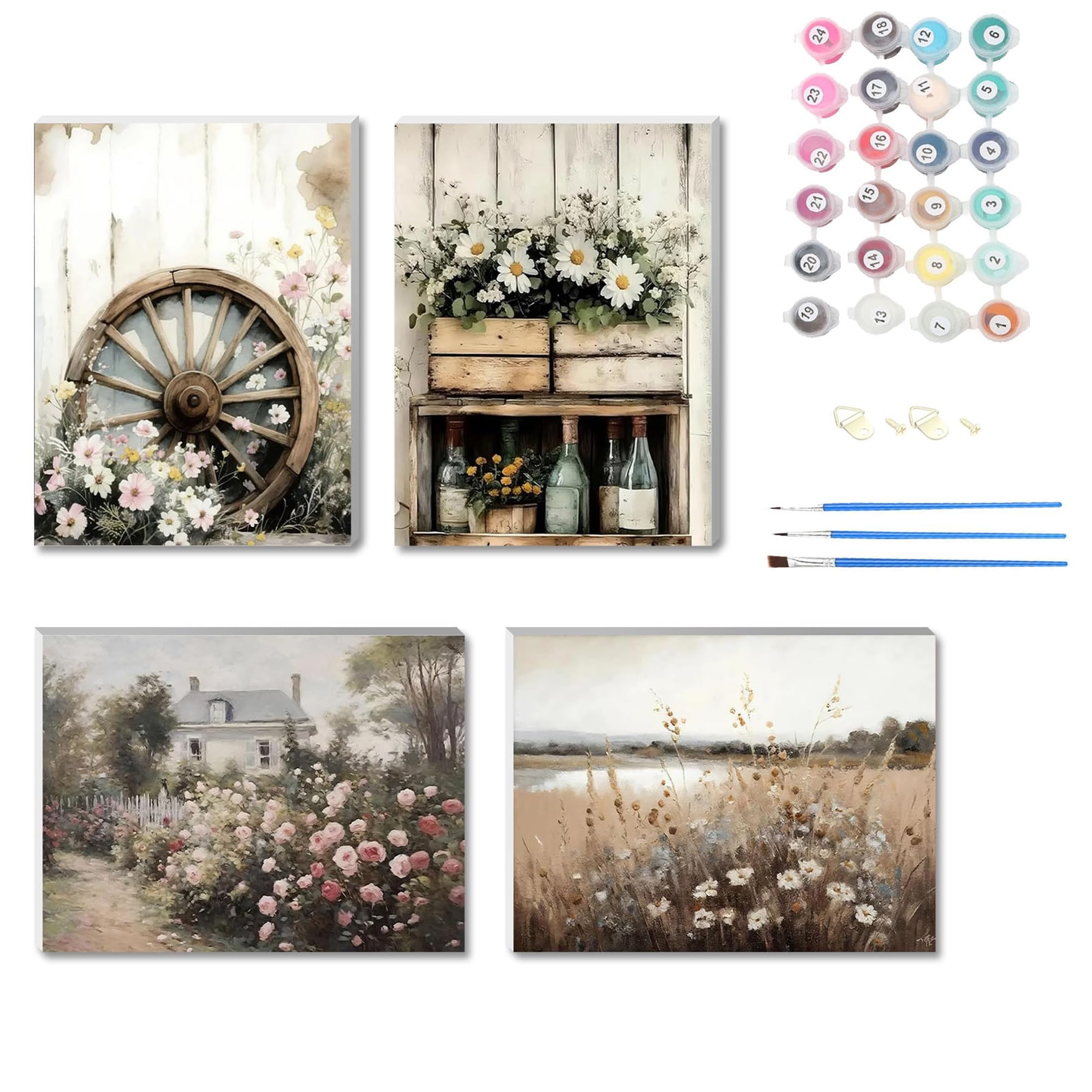NZNANCHU 4pcs Garden Wooden Framed Paint by Number for Adult,Flower DIY Painting Kits for Adults,Color by Numbers,Small Paint by Number Canvas Crafts Watercolor for Beginners Hoom Decor