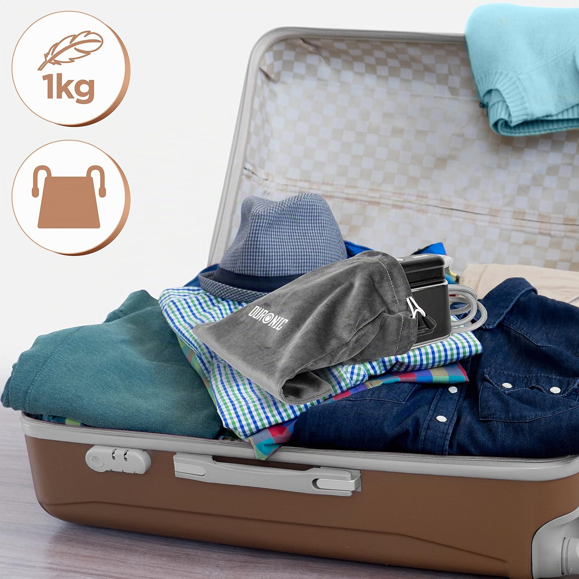 Duronic HS90 Ferro da stiro da viaggio portatile | Uso orizzontale e verticale | 2 funzioni vapori | Maniglia retrattile | Compatto e leggero per spostamenti | Borsa, base e brocca