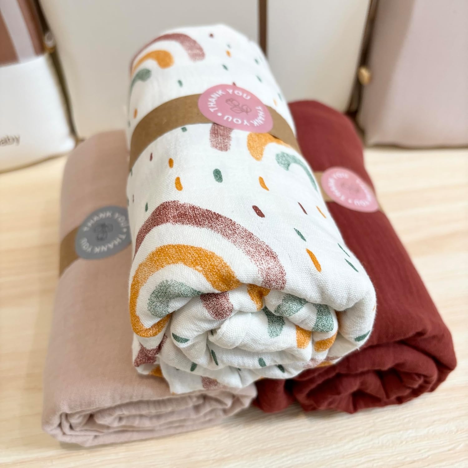 Soft Cotton Bath Towels 48x48 Inch - 3 Pack for Kids & Adults Muslin Swaddle Blankets Included Newborn Swaddle Blanket Set Bath Towel Bundle Perfect for Babies and Boys(Rainbow Deep Brown)