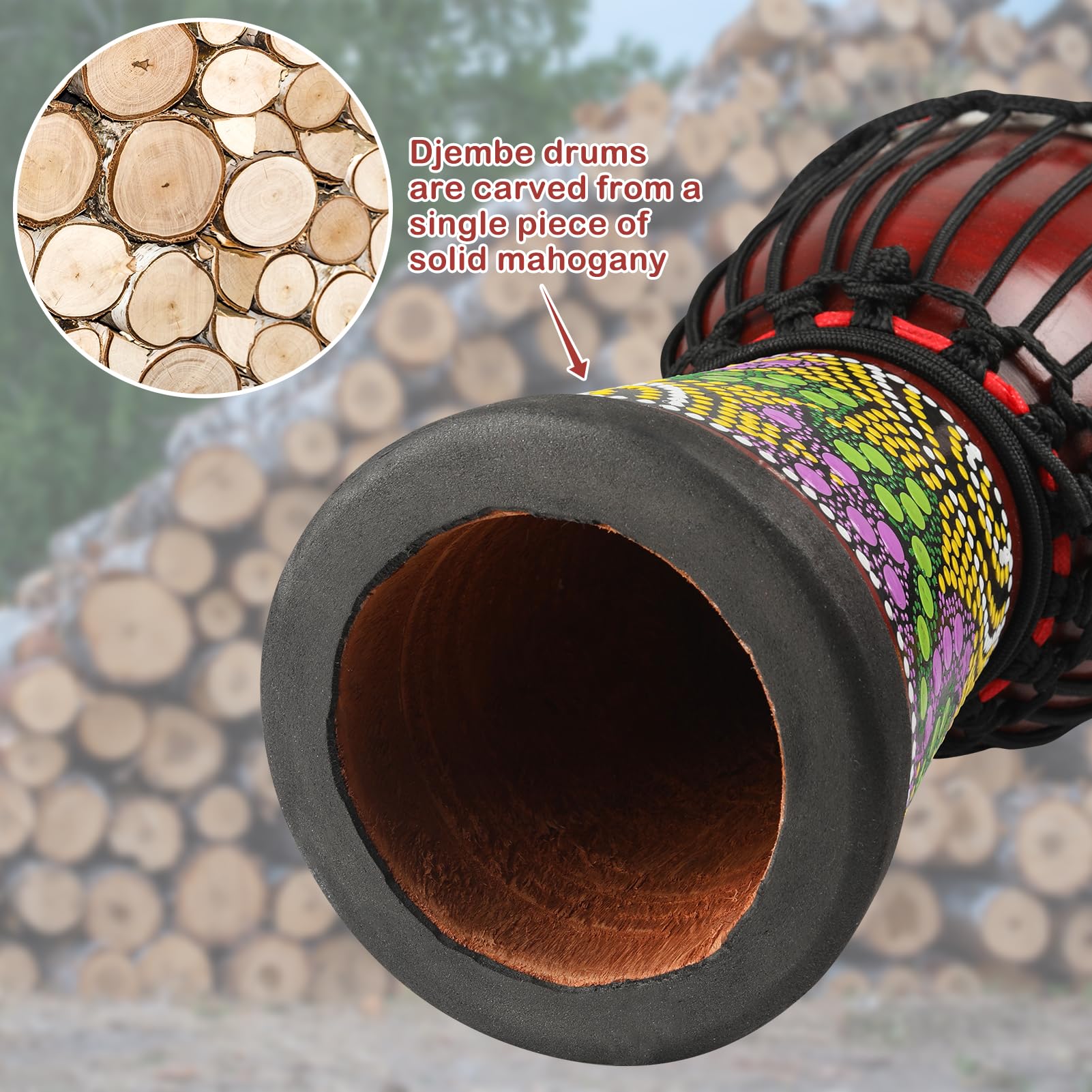 Wood Djembe Drum, 6.5'' x 12''Carved Mahogany African Drums with Goatskin Drumhead, West African Styled Professional Djembe Hand Drum for Kids and Adults Beginners
