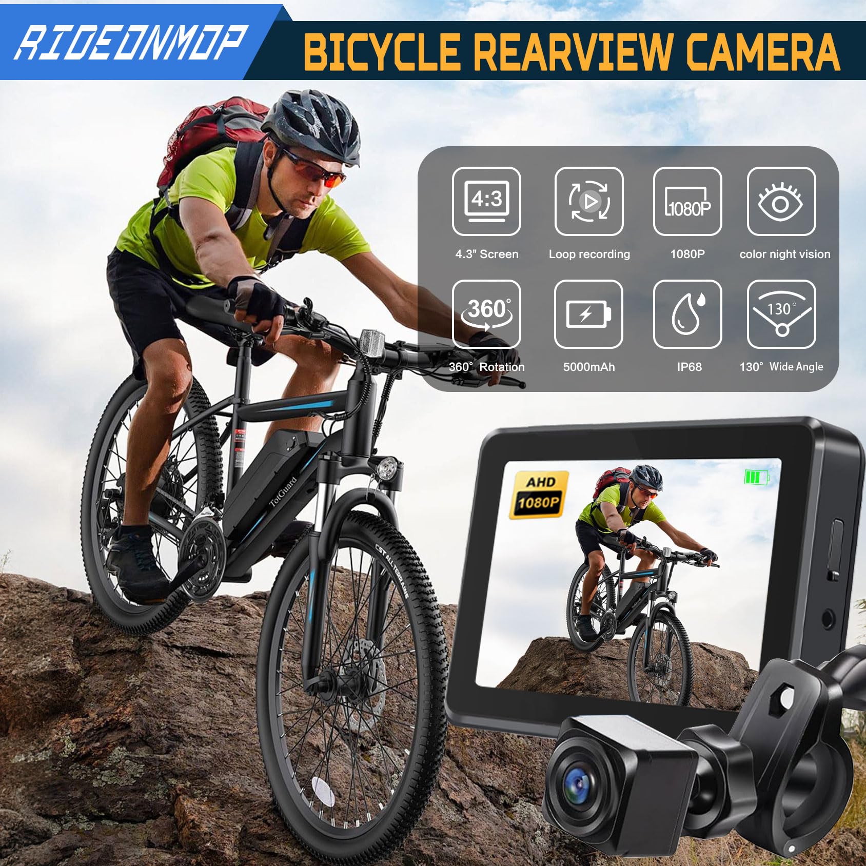 Miroir De Vélo De Vélo,Caméra De Recul De Vélo 1080p Avec écran De 4,3 , 130 Grand Angle Couleur De Vision Nocturne De Vélos Caméra 360 Réglable à 360 Degrés