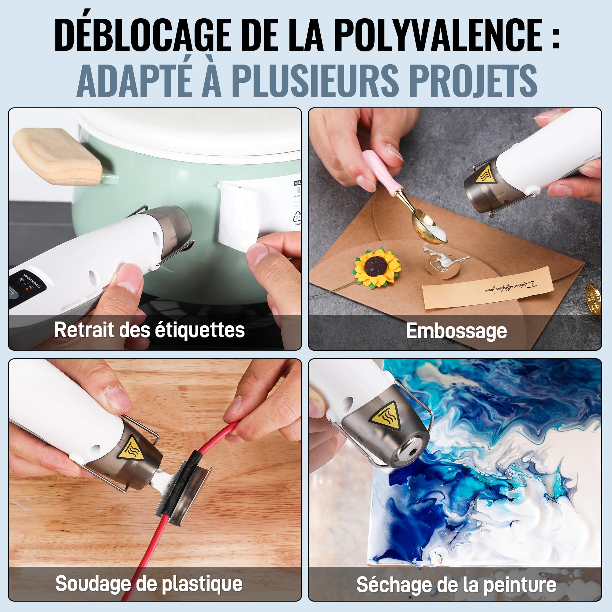WORKPRO Mini Décapeur Thermique Professionnel 7,2V, Pistolet à Air Chaud Sans Fil, 3 Températures (Froid/150℃/360℃), Chauffage Rapide, 2000 mAh, Avec Buse et Câble de Charge USB-C, pour Bricolage