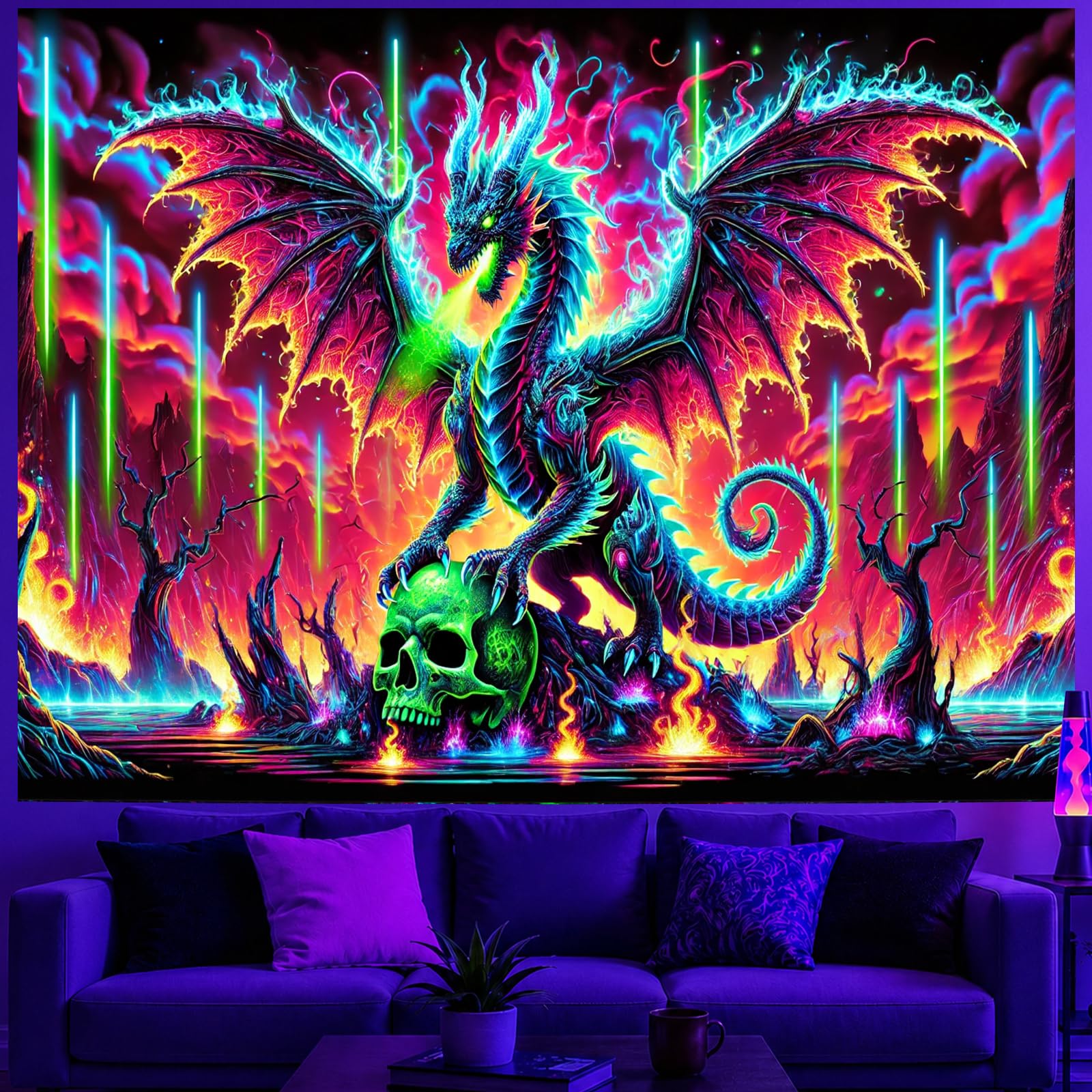 BlissYard Dragon Tapestry Blacklight Tapestry 78x59 Inch UV Wall Hanging