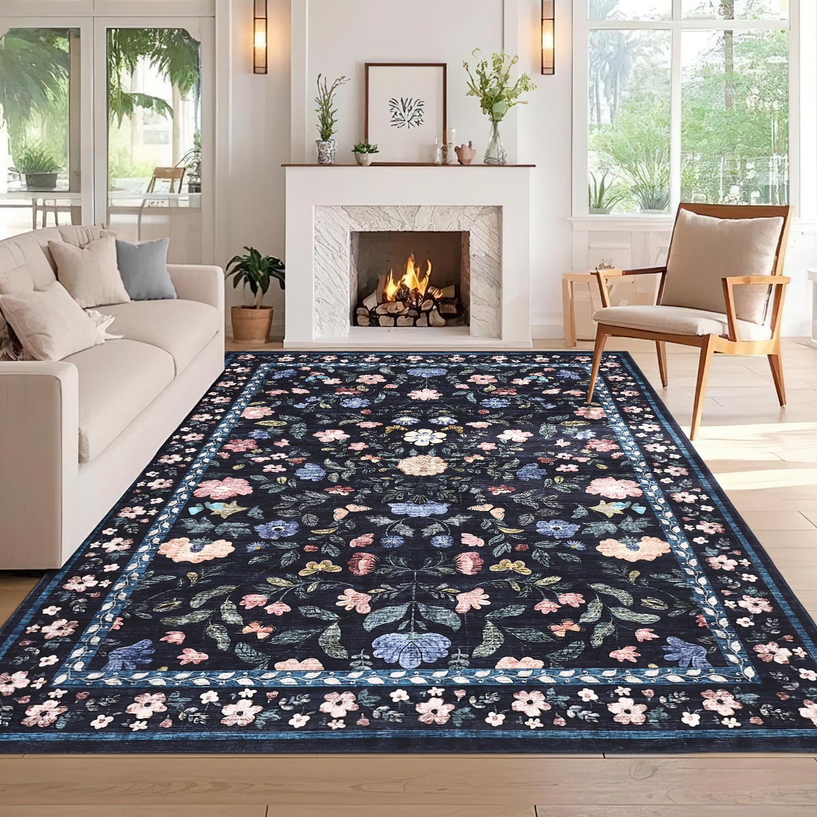 CAROMIO 200x290 cm Large Floral Living Room Rug, Non-Slip Washable Farmhouse Carpet for Bedroom, Low Pile Foldable Soft Area Rug for Dining Nursery Office, Dark Grey Blue