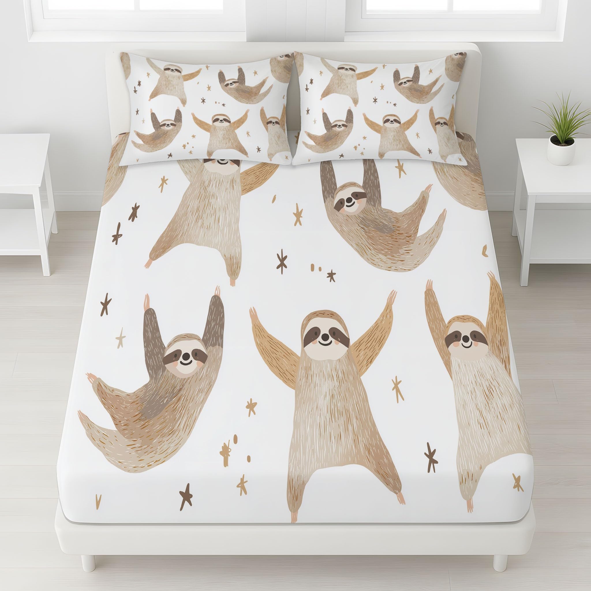 Drap-Housse 160 x 200 CM - Housse de lit Paresseux, étoiles Parure de lit avec Poches Profondes 30 cm Apaisant, Dessin animé Chambre d'invités, Enfant