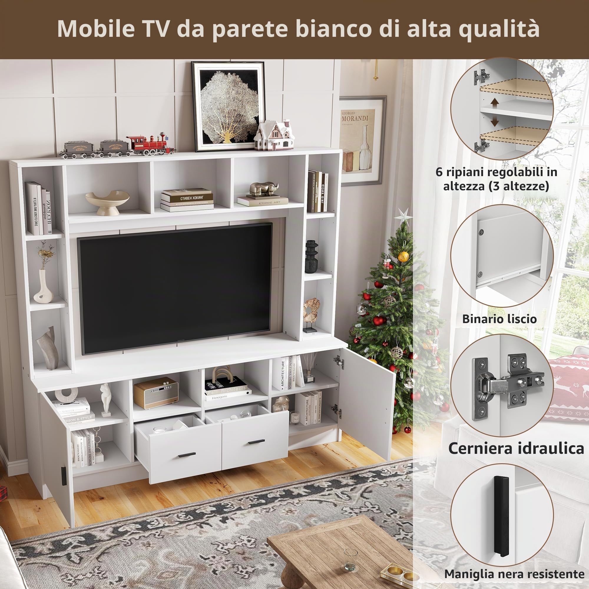 Set parete attrezzata TV 180*35*170 cm con vetrina, parete multimediale incl. set mobile TV e scaffale, set mobili soggiorno TV con 2 armadi, 2 cassetti, 11 scomparti, parete componibile, parete soggi